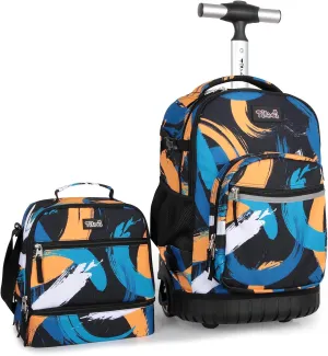 Tilami Rolling Backpack & Lunch bag for Kids 19 Inch Wheeled Bookbag for Boys & Girls for School & Travel,Arts orange