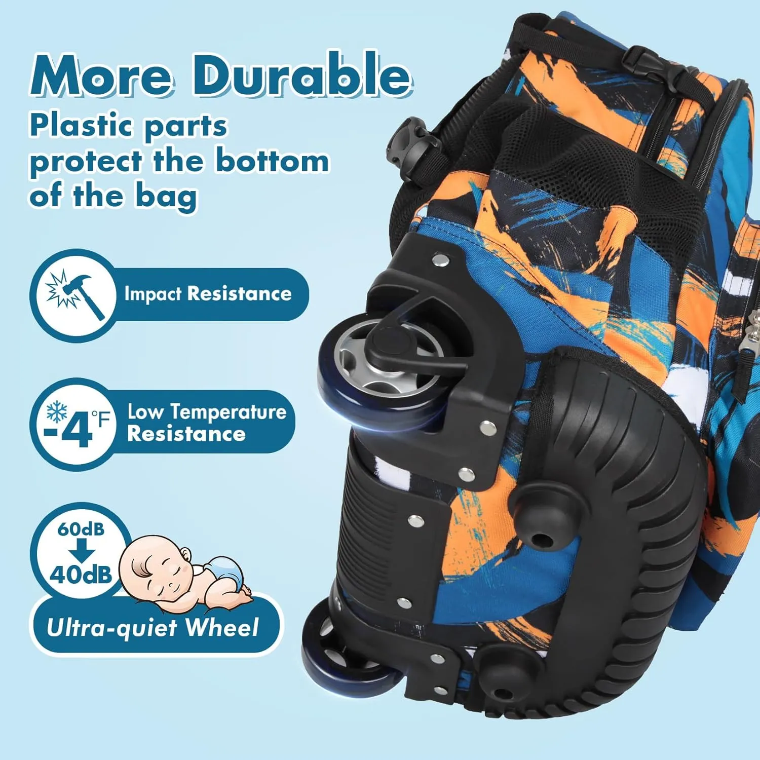 Tilami Rolling Backpack & Lunch bag for Kids 19 Inch Wheeled Bookbag for Boys & Girls for School & Travel,Arts orange