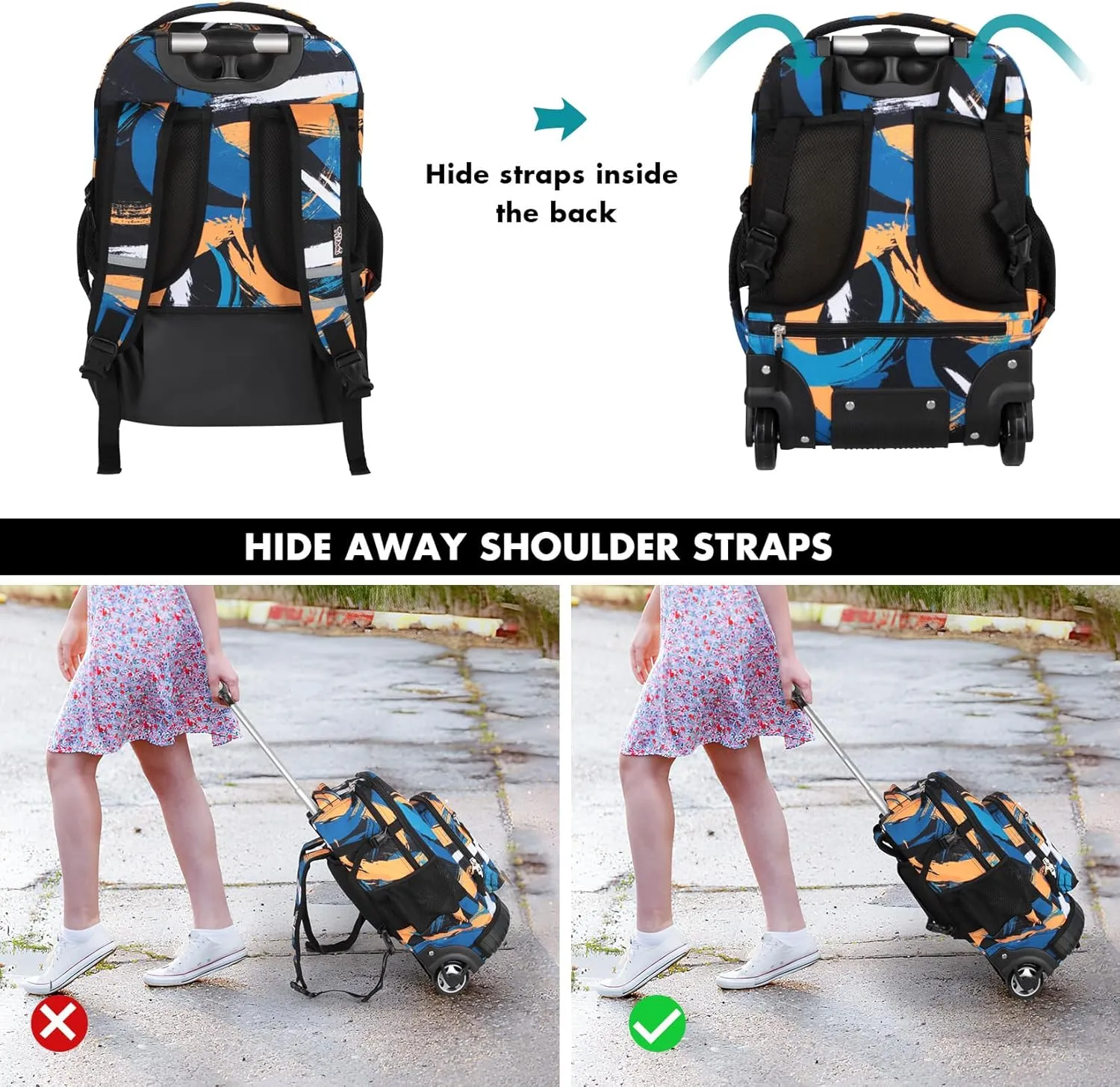 Tilami Rolling Backpack & Lunch bag for Kids 19 Inch Wheeled Bookbag for Boys & Girls for School & Travel,Arts orange