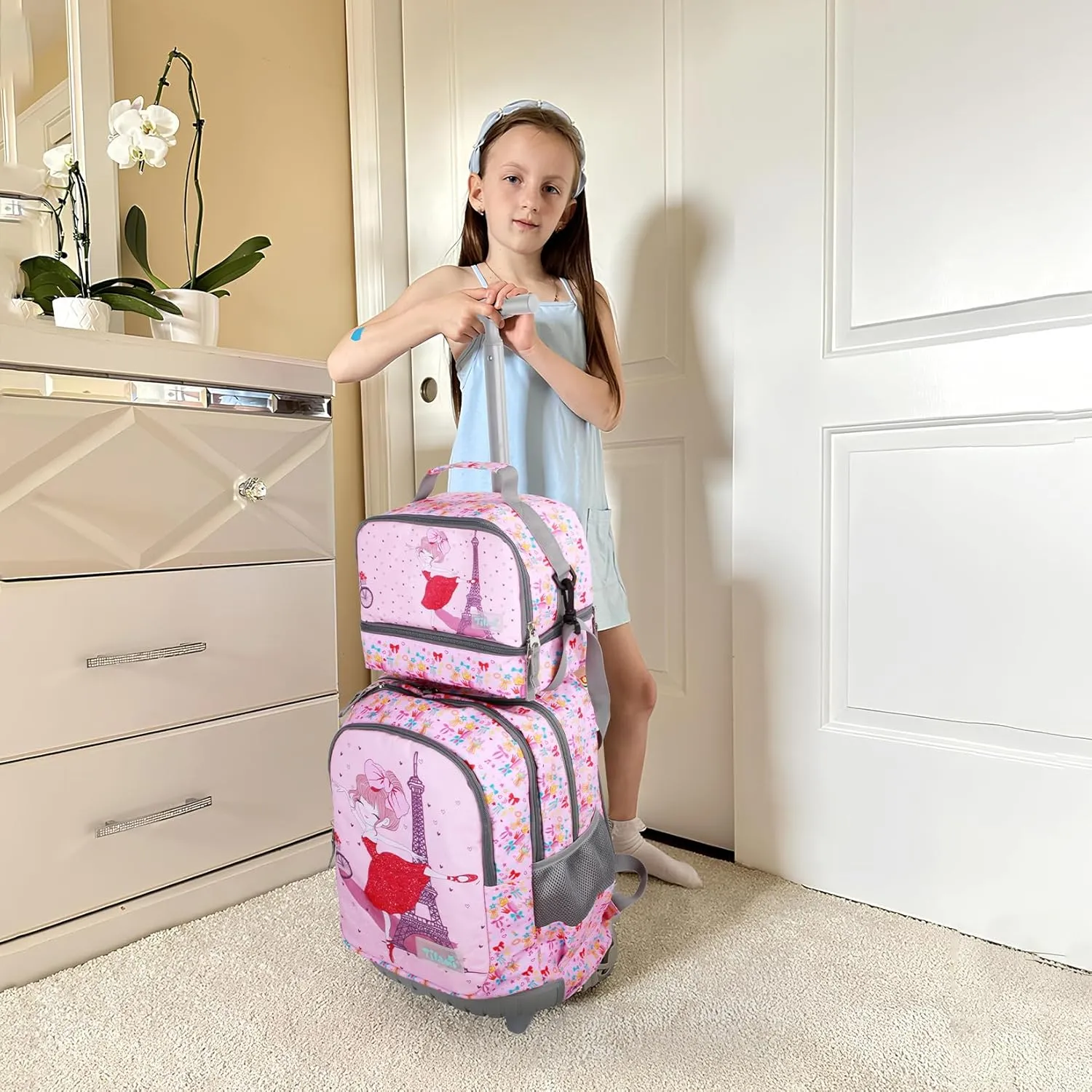 Tilami Rolling Backpack for Kids 18 Inch Wheeled Bookbag for Boys & Girls for School & Travel,Pink Girl