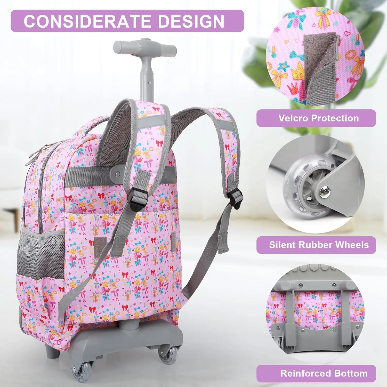 Tilami Rolling Backpack for Kids 18 Inch Wheeled Bookbag for Boys & Girls for School & Travel,Pink Girl