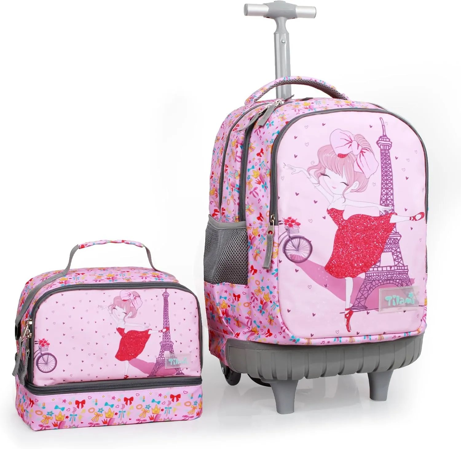 Tilami Rolling Backpack for Kids 18 Inch Wheeled Bookbag for Boys & Girls for School & Travel,Pink Girl