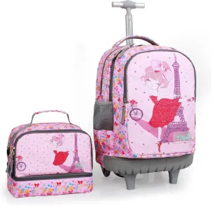 Tilami Rolling Backpack for Kids 18 Inch Wheeled Bookbag for Boys & Girls for School & Travel,Pink Girl