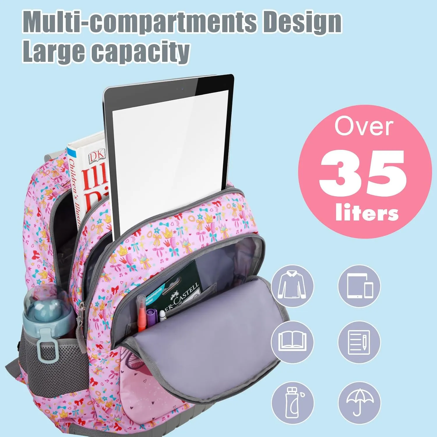 Tilami Rolling Backpack for Kids 18 Inch Wheeled Bookbag for Boys & Girls for School & Travel,Pink Girl