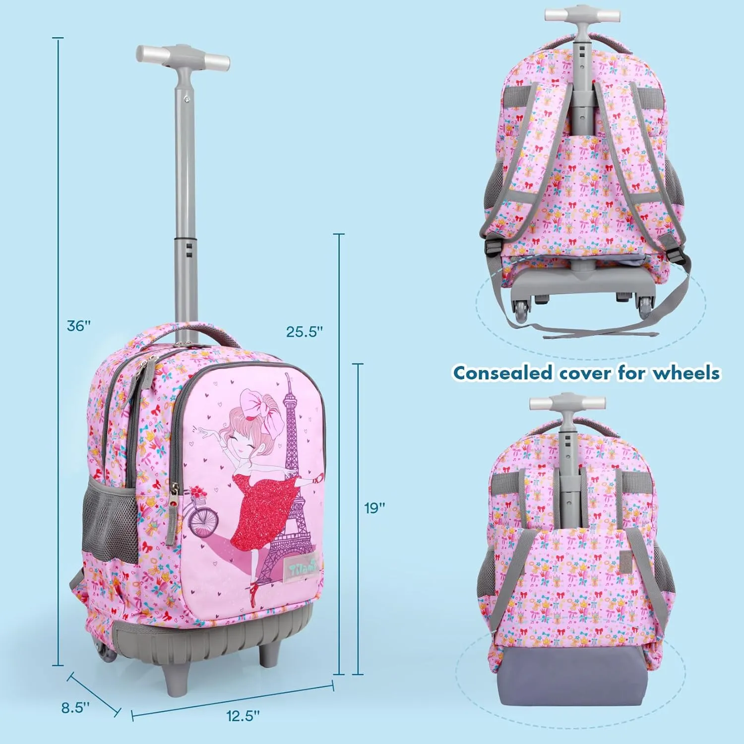 Tilami Rolling Backpack for Kids 18 Inch Wheeled Bookbag for Boys & Girls for School & Travel,Pink Girl