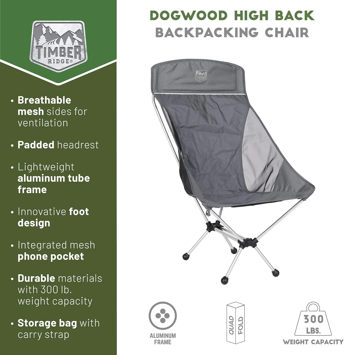 Timber Ridge Lightweight Highback Compact Folding Chair - Portable Comfort for Day Hikes, Beach Trips, & Camping, 300 lbs Support