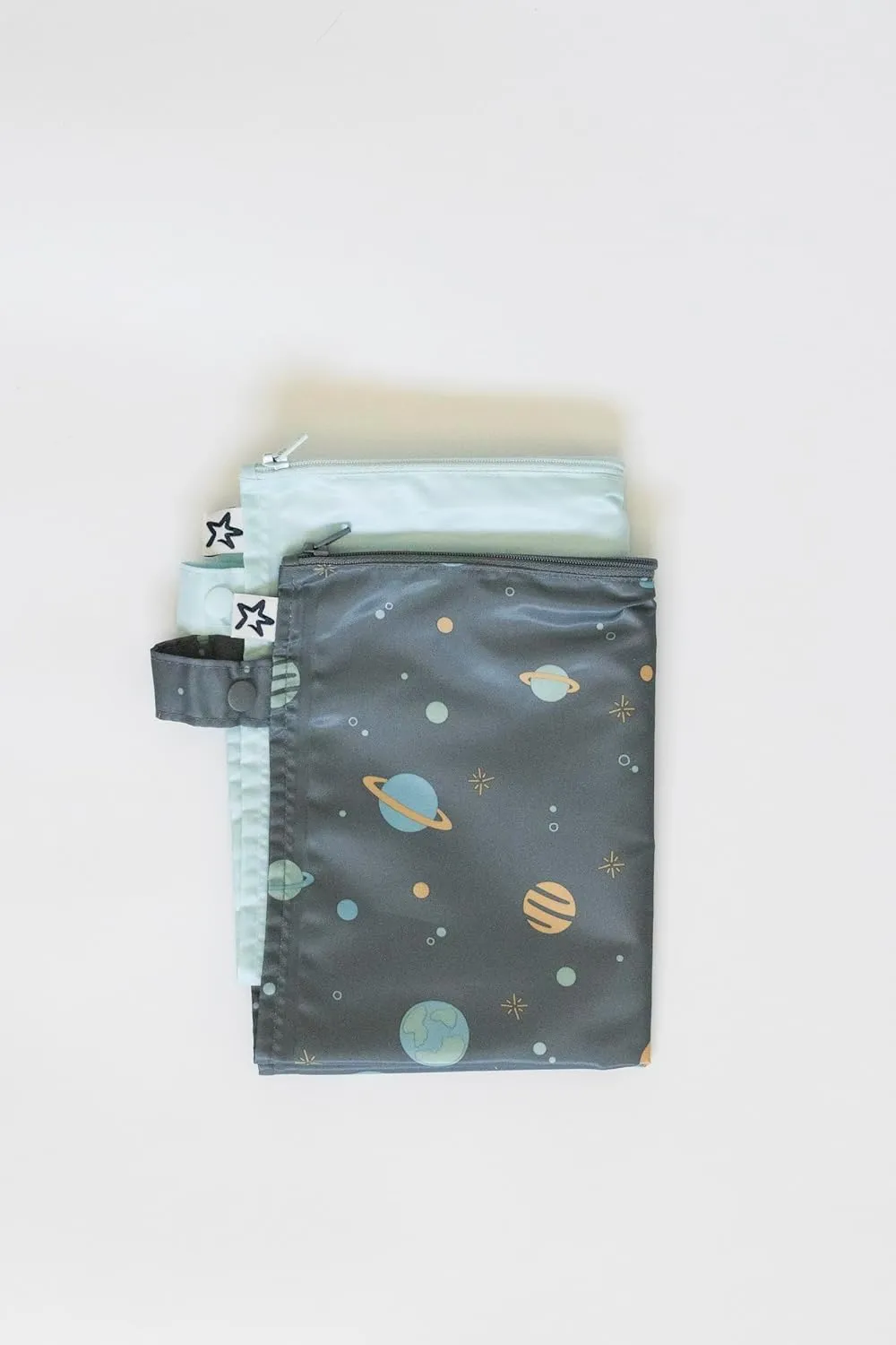 Tiny Twinkle Mess proof Waterproof Wet Dry Bag,2pk Reusable Wet Bags for Swimsuits&Baby Clothes,Leakproof Wet Bag,Waterproof Bag for Travel&Diaper bag,Wet Bags for Baby (Space, Ice Blue)