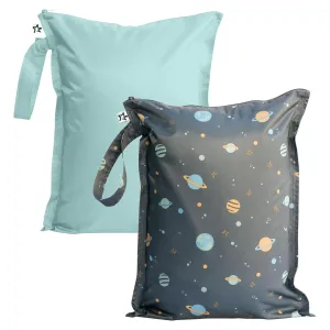 Tiny Twinkle Mess proof Waterproof Wet Dry Bag,2pk Reusable Wet Bags for Swimsuits&Baby Clothes,Leakproof Wet Bag,Waterproof Bag for Travel&Diaper bag,Wet Bags for Baby (Space, Ice Blue)
