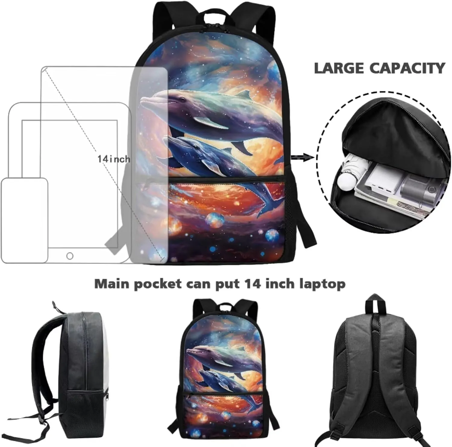 TOADDITDO Dolphins Girls Backpacks Ages 10-12 Middle School with Lunch Box Middle School Large School Bags Student Hiking Camping Bookbag Travel Duffel Bag Laptop Backpacks Daypack Mochilas Para NiñA
