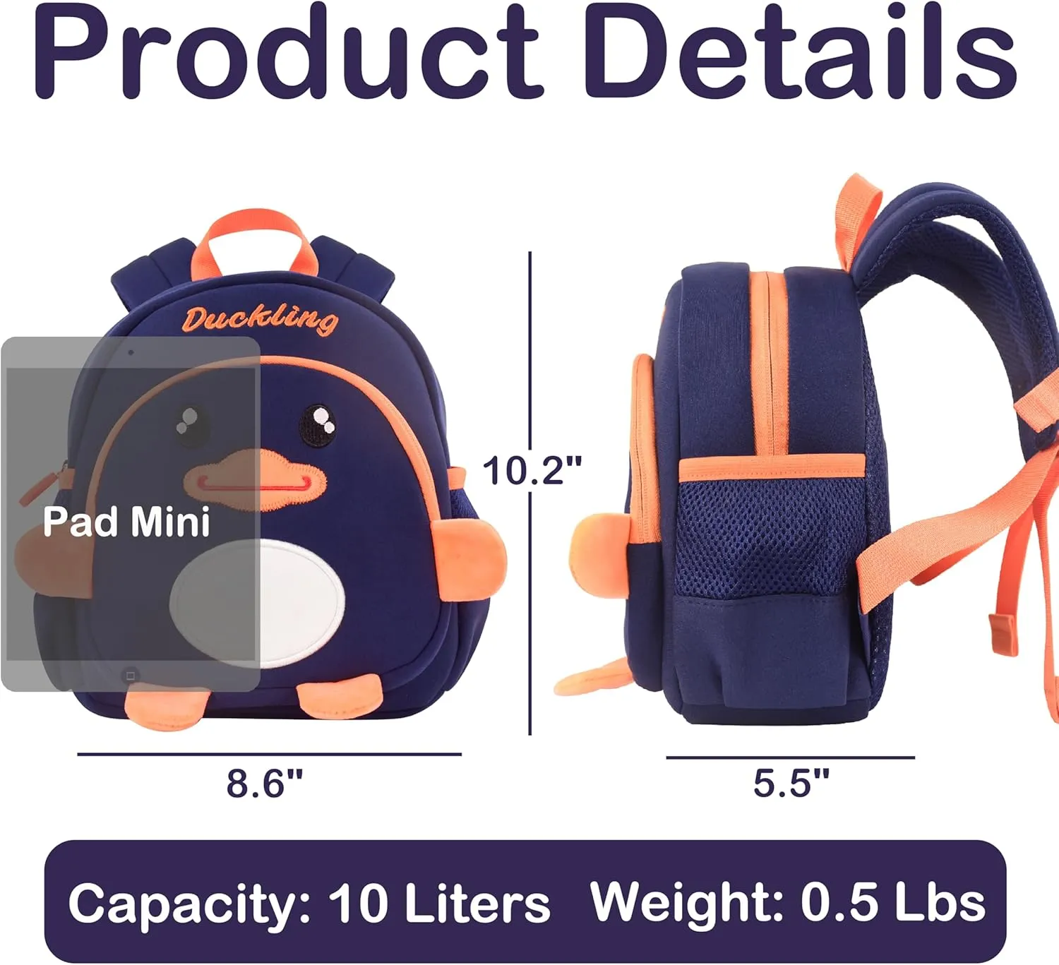 Toddler Backpacks for Boys 2-4 Cute 3D Kids Duck Schoolbag with Baby Leash for Small Preschool Kindergarten Bookbag Cartoon Mini Travel Bags 10inch (Dark Blue)