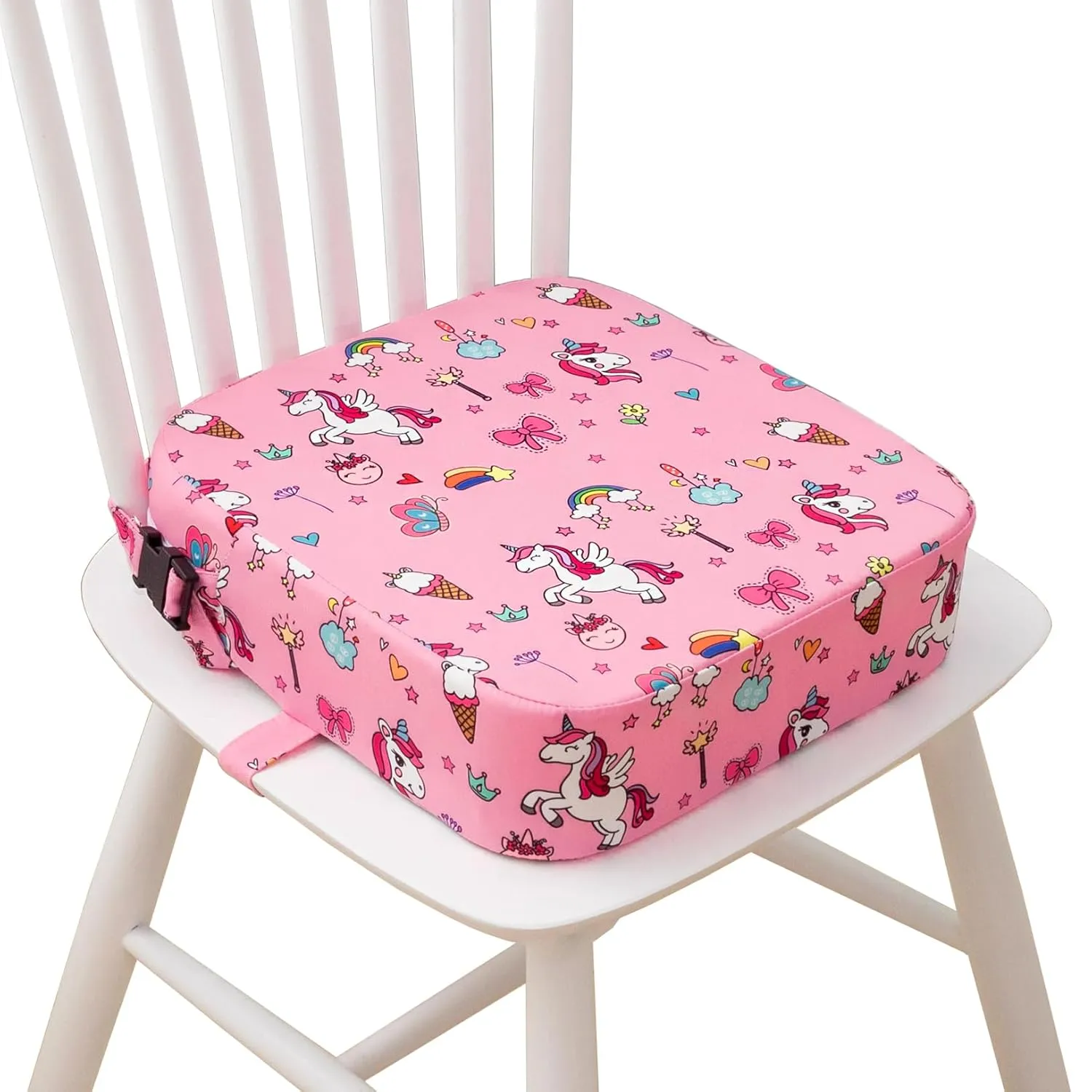 Toddler Booster Seat for Dining Table, Portable Kids Booster Seat with Safety Buckles Portable Increasing Booster Cushion with Non-Slip Bottom (Pink Unicorn)