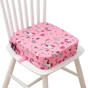 Toddler Booster Seat for Dining Table, Portable Kids Booster Seat with Safety Buckles Portable Increasing Booster Cushion with Non-Slip Bottom (Pink Unicorn)