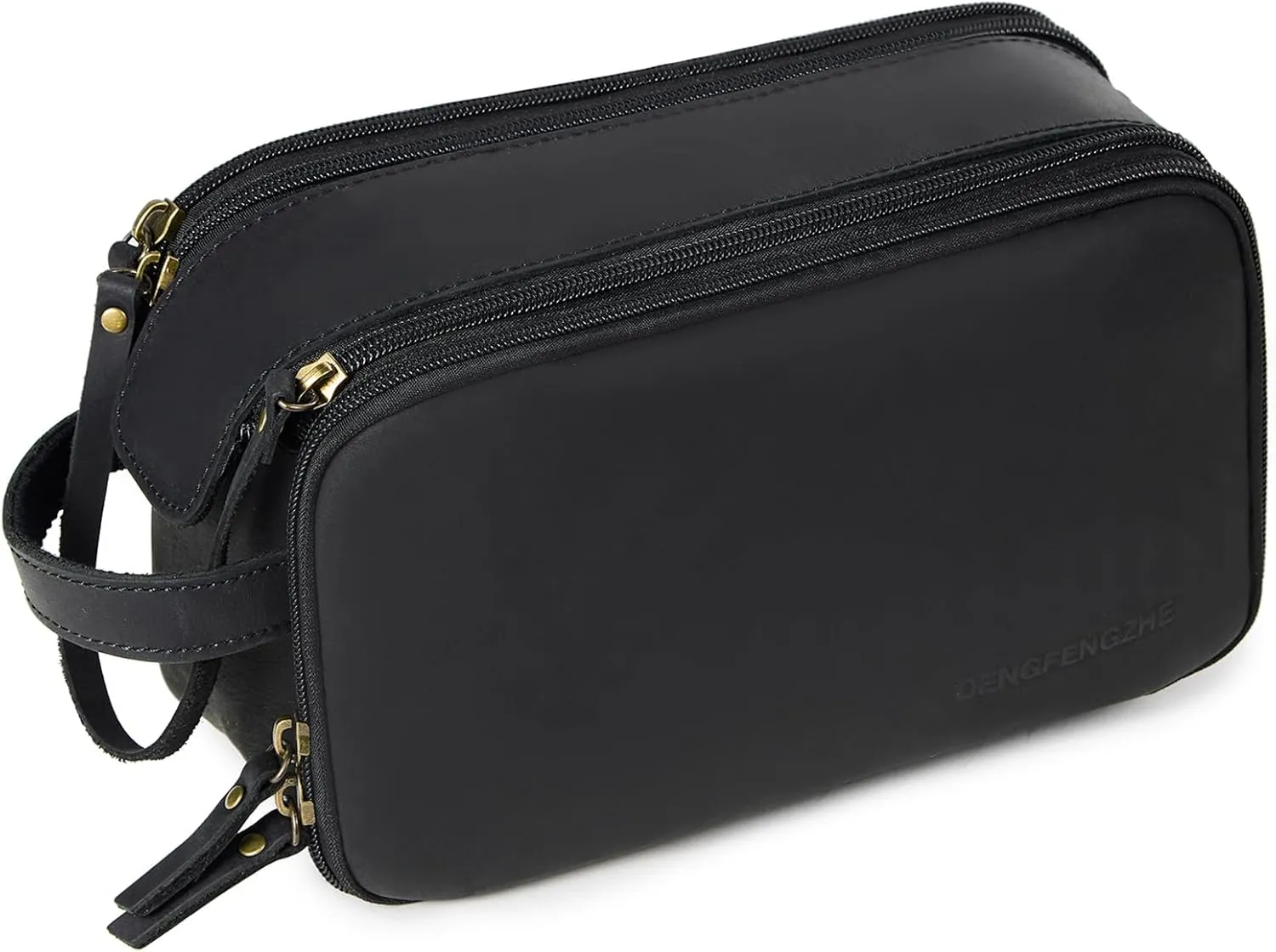Toiletry Bag for Men, Full Grain Leather Travel Pouch Shaving Dopp Kit Bathroom Toiletries Organizer Bags, Black