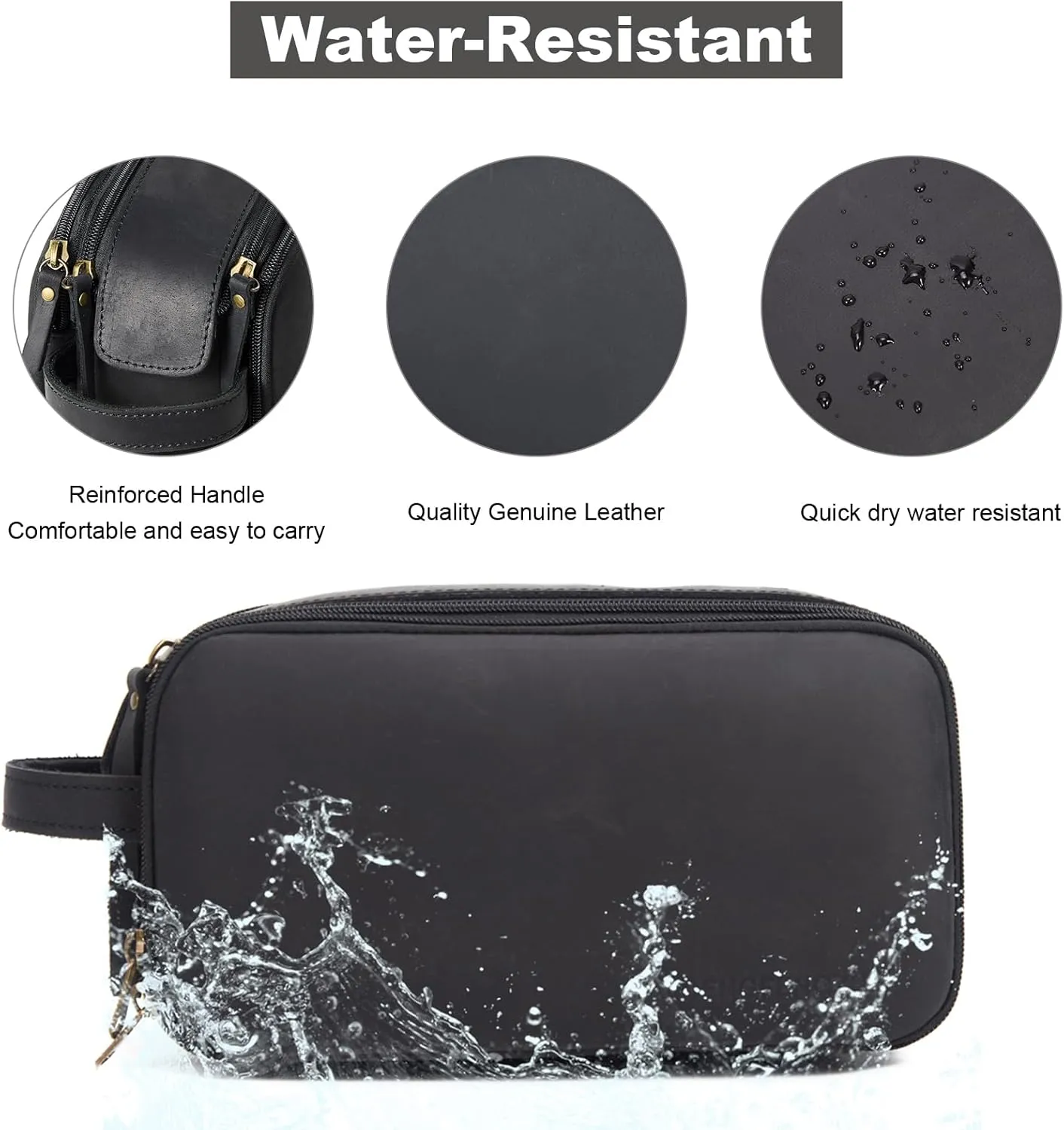 Toiletry Bag for Men, Full Grain Leather Travel Pouch Shaving Dopp Kit Bathroom Toiletries Organizer Bags, Black