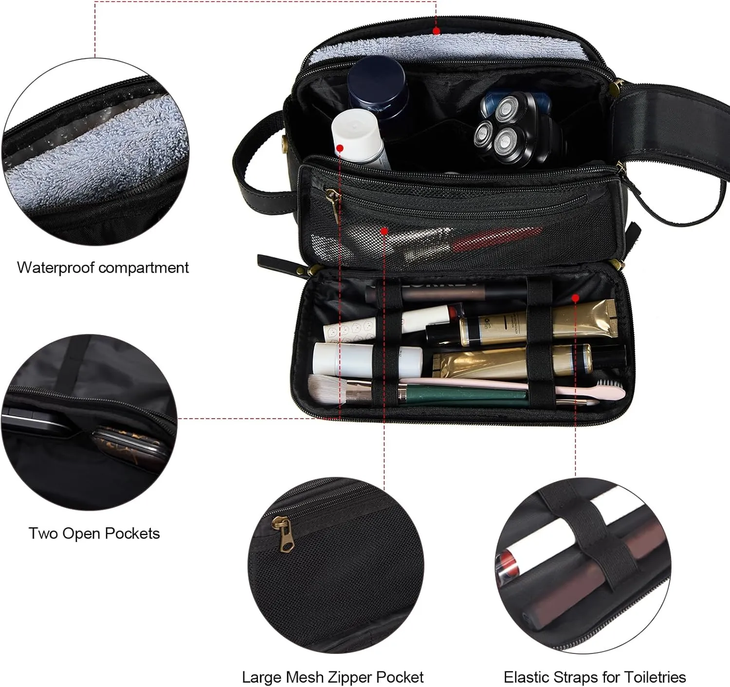 Toiletry Bag for Men, Full Grain Leather Travel Pouch Shaving Dopp Kit Bathroom Toiletries Organizer Bags, Black