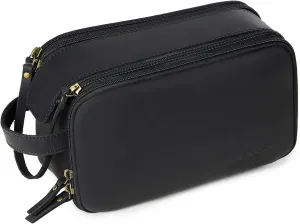 Toiletry Bag for Men, Full Grain Leather Travel Pouch Shaving Dopp Kit Bathroom Toiletries Organizer Bags, Black