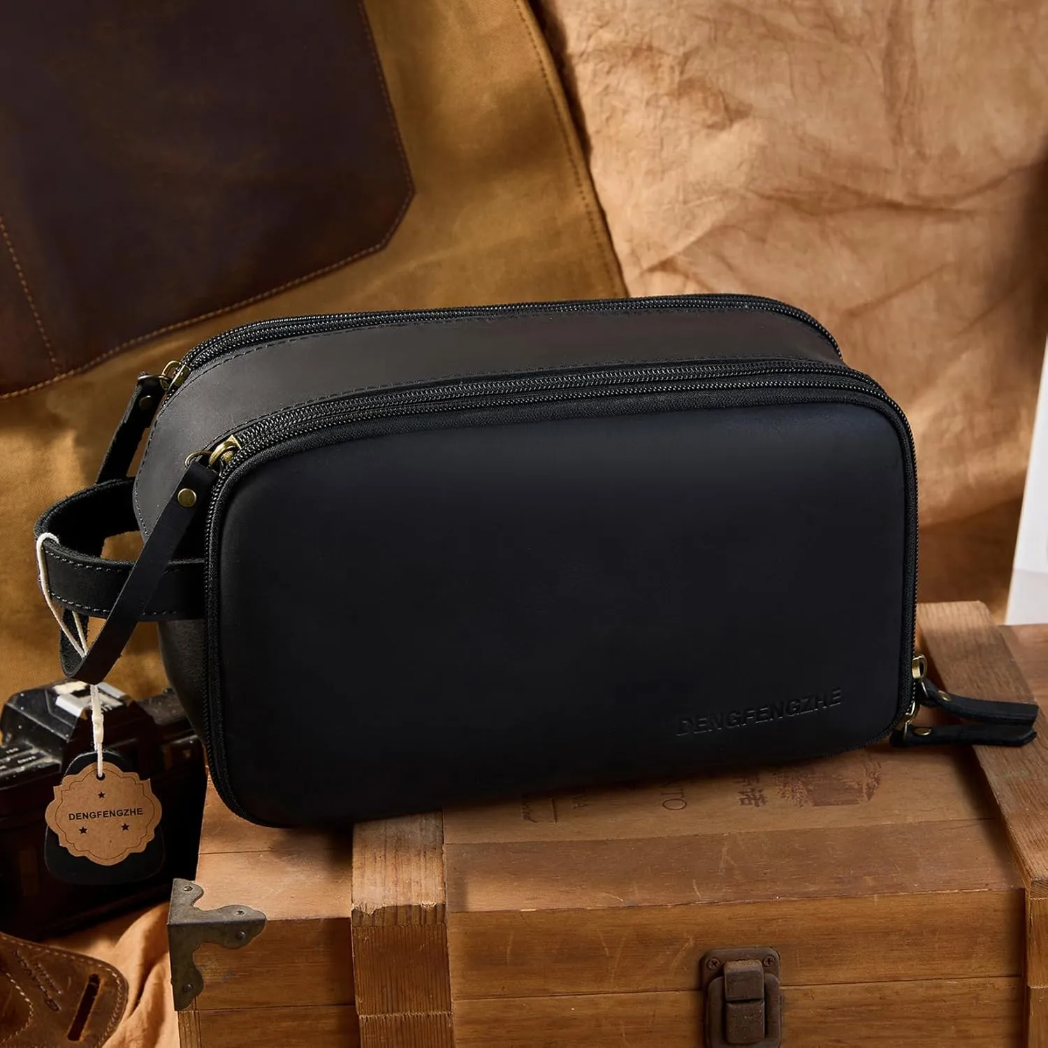 Toiletry Bag for Men, Full Grain Leather Travel Pouch Shaving Dopp Kit Bathroom Toiletries Organizer Bags, Black
