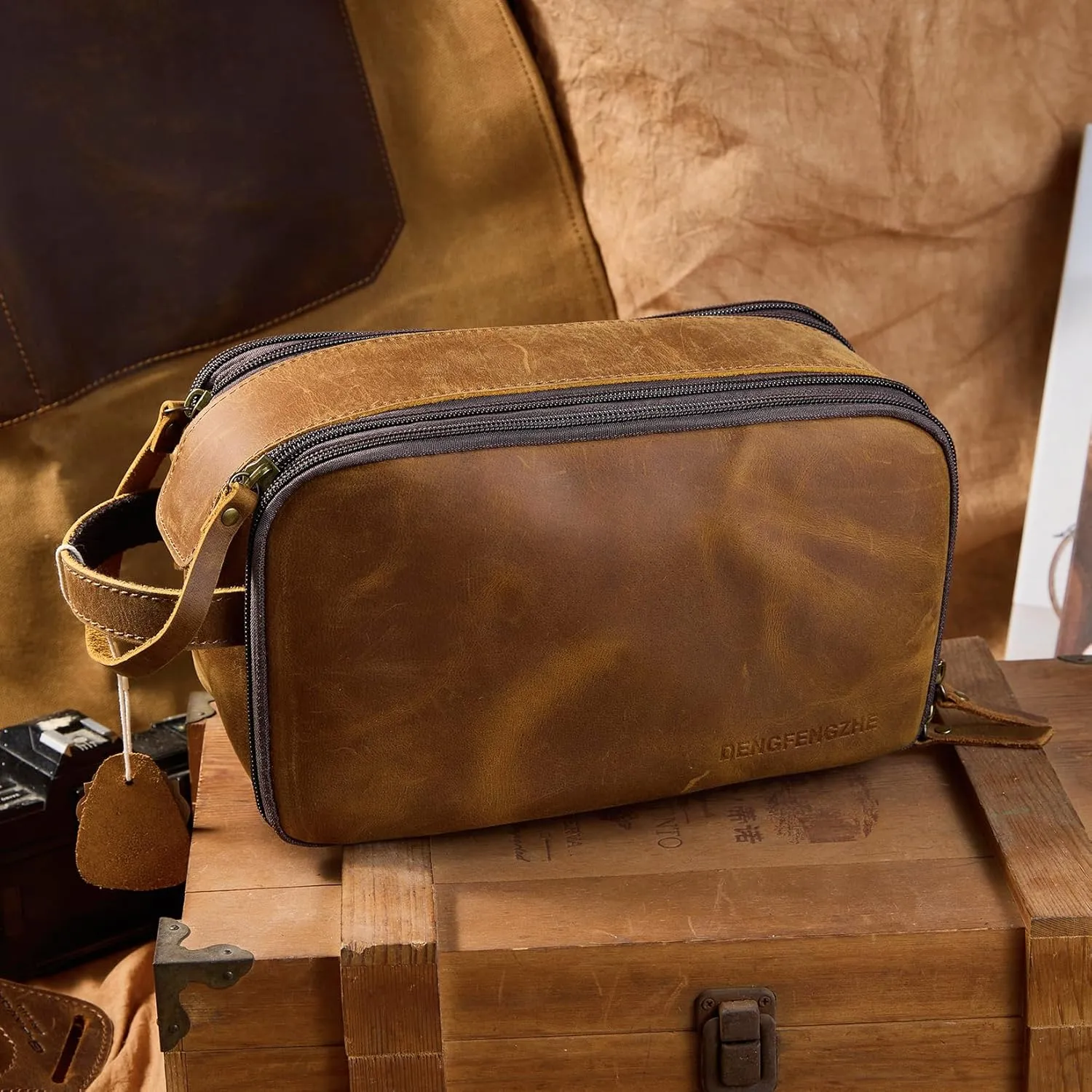 Toiletry Bag for Men, Full Grain Leather Travel Pouch Shaving Dopp Kit Bathroom Toiletries Organizer Bags, Brown