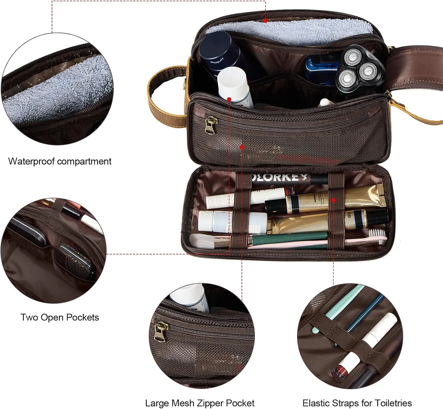 Toiletry Bag for Men, Full Grain Leather Travel Pouch Shaving Dopp Kit Bathroom Toiletries Organizer Bags, Brown