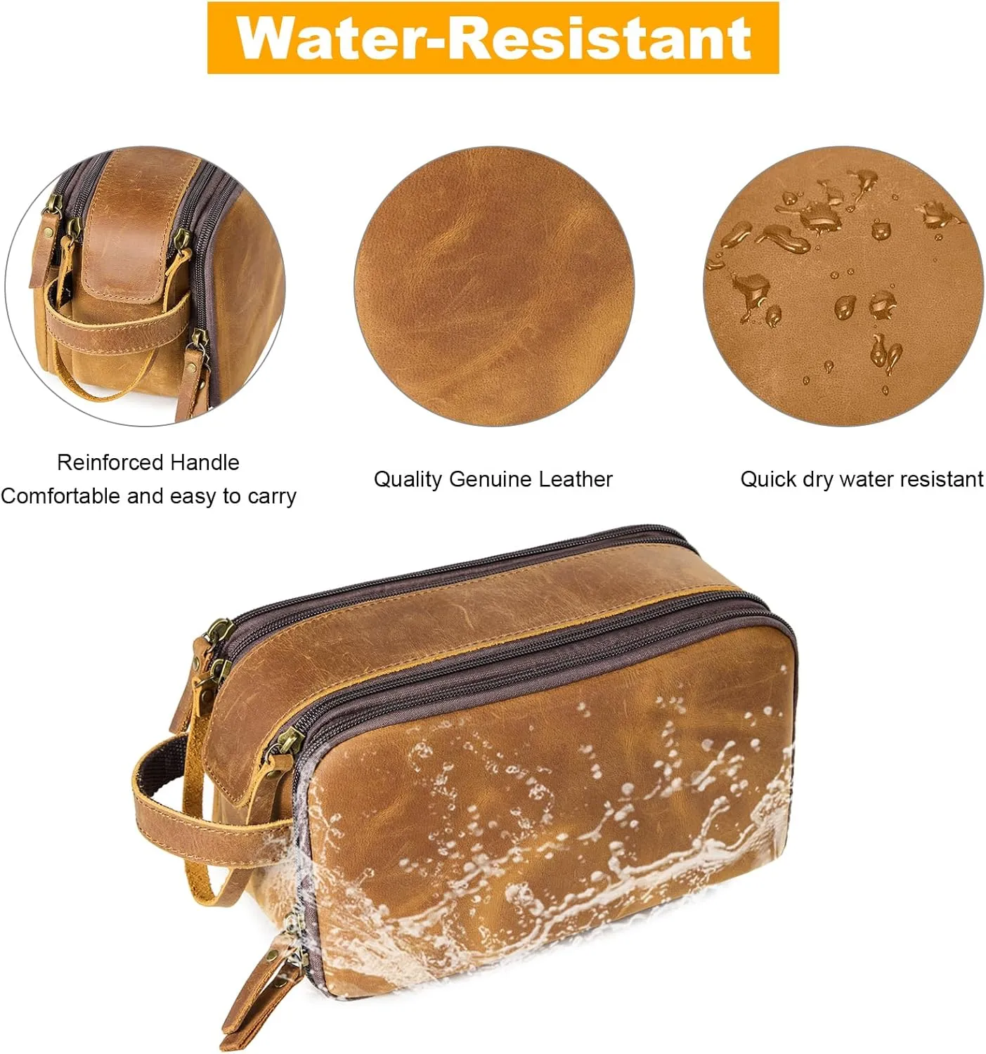 Toiletry Bag for Men, Full Grain Leather Travel Pouch Shaving Dopp Kit Bathroom Toiletries Organizer Bags, Brown