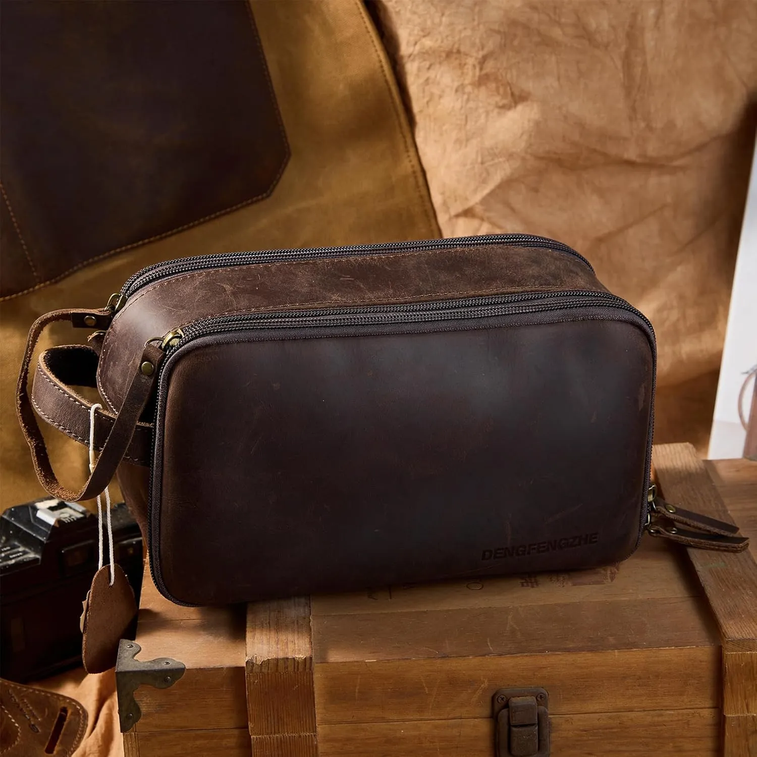 Toiletry Bag for Men, Full Grain Leather Travel Pouch Shaving Dopp Kit Bathroom Toiletries Organizer Bags, Dark Brown