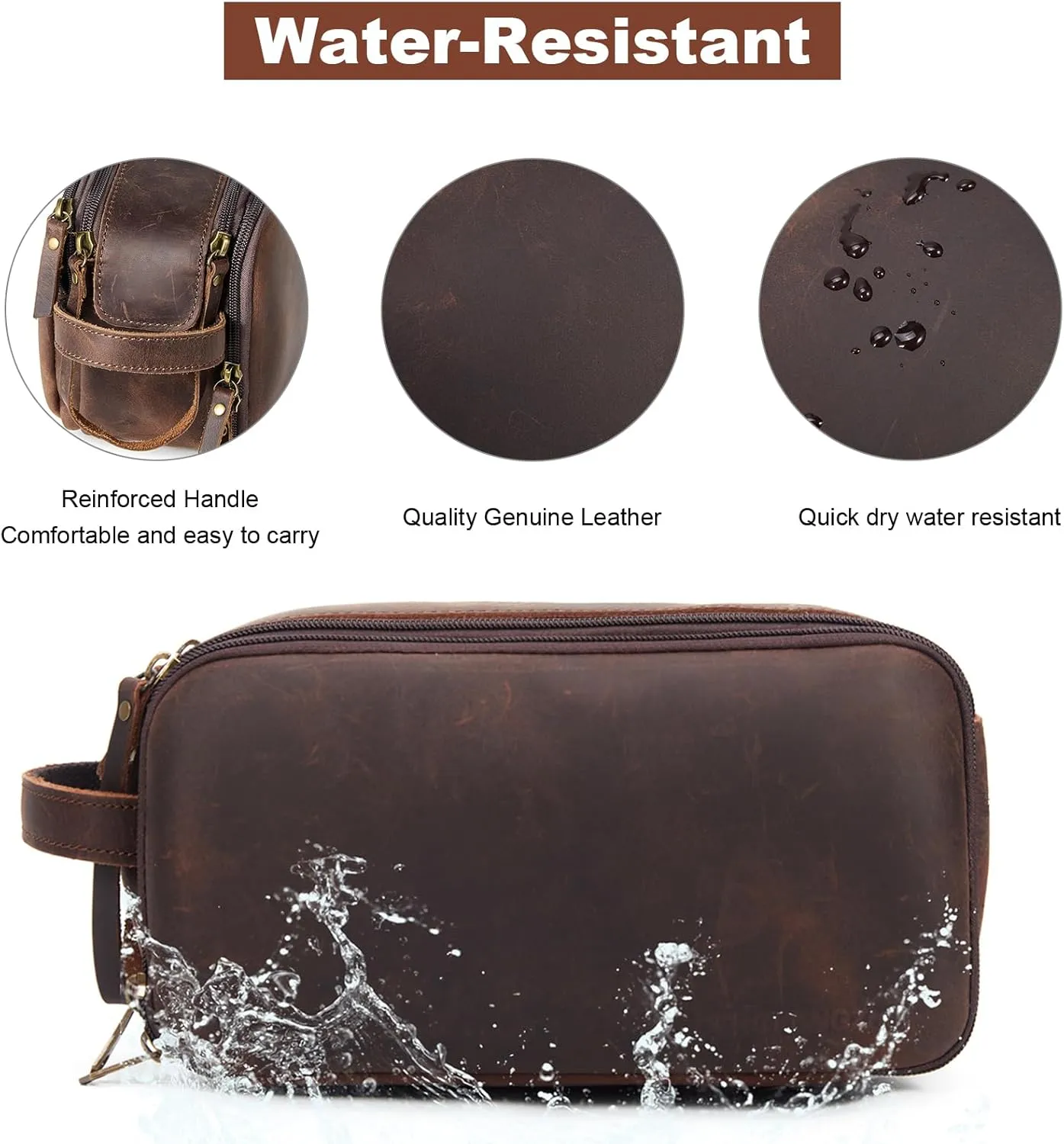 Toiletry Bag for Men, Full Grain Leather Travel Pouch Shaving Dopp Kit Bathroom Toiletries Organizer Bags, Dark Brown