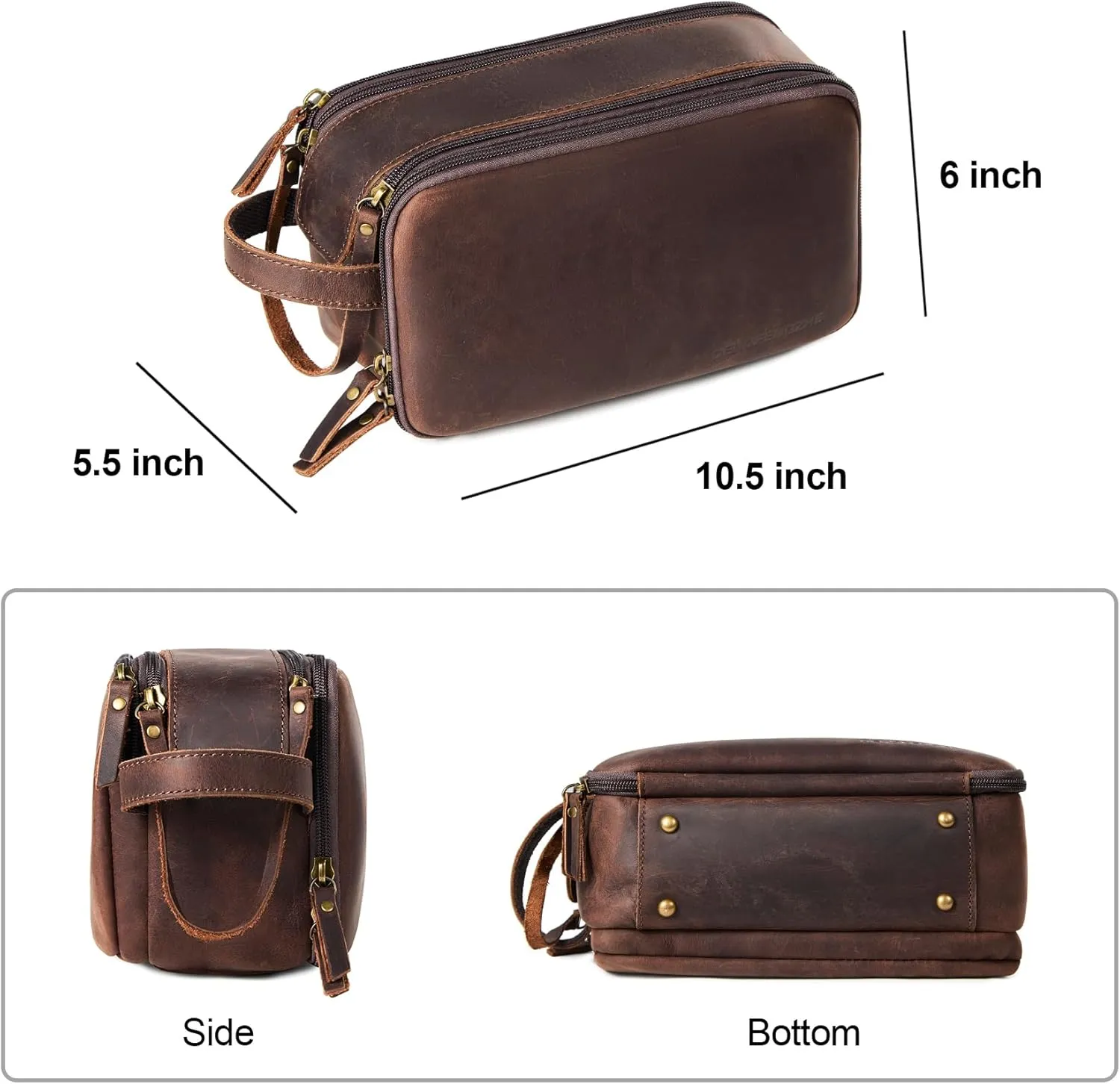 Toiletry Bag for Men, Full Grain Leather Travel Pouch Shaving Dopp Kit Bathroom Toiletries Organizer Bags, Dark Brown