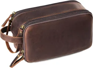 Toiletry Bag for Men, Full Grain Leather Travel Pouch Shaving Dopp Kit Bathroom Toiletries Organizer Bags, Dark Brown