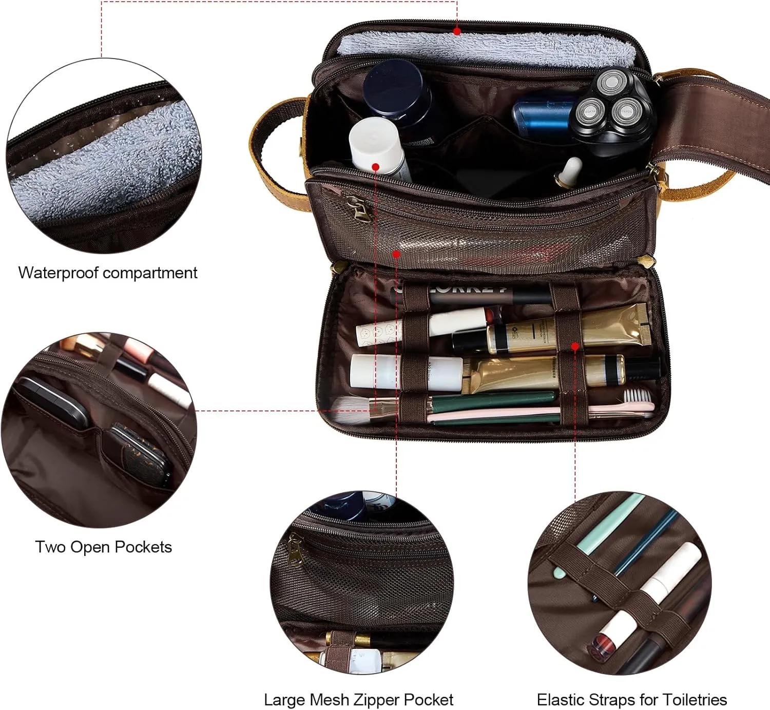 Toiletry Bag for Men, Full Grain Leather Travel Pouch Shaving Dopp Kit Bathroom Toiletries Organizer Bags (Distressed Brown)