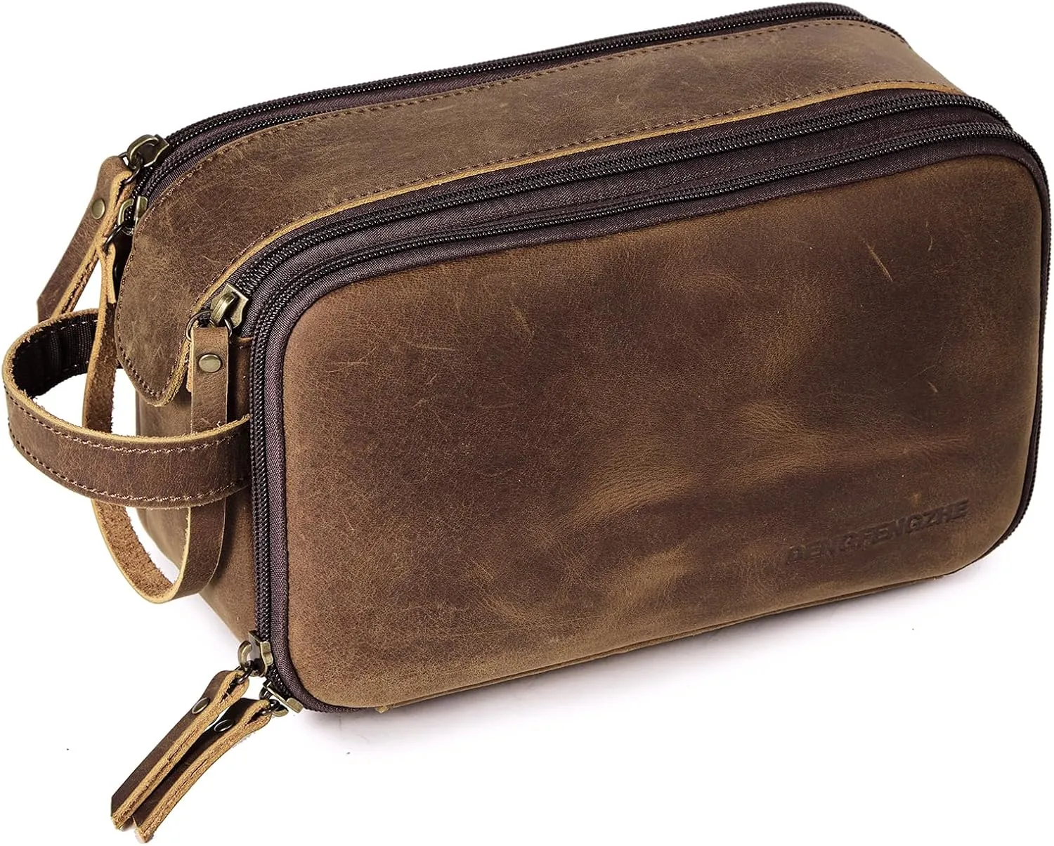 Toiletry Bag for Men, Full Grain Leather Travel Pouch Shaving Dopp Kit Bathroom Toiletries Organizer Bags (Distressed Brown)