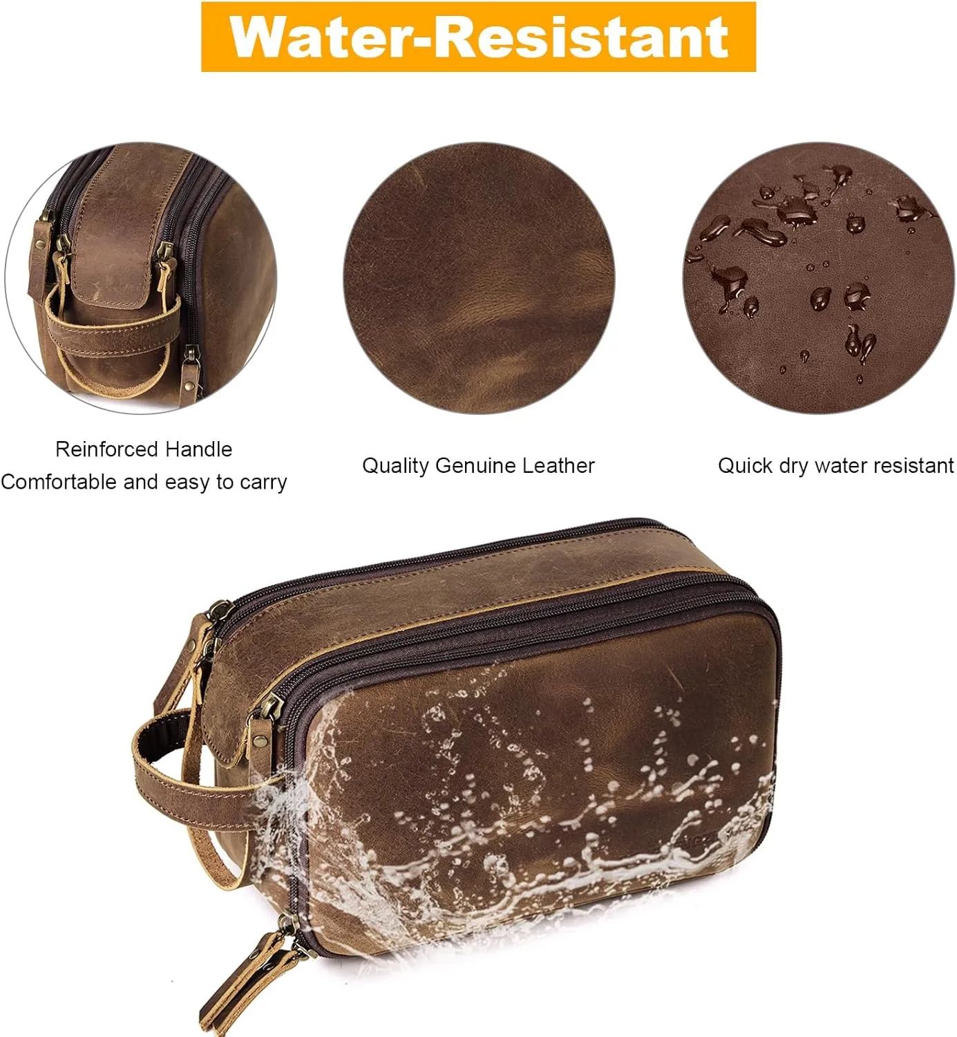 Toiletry Bag for Men, Full Grain Leather Travel Pouch Shaving Dopp Kit Bathroom Toiletries Organizer Bags (Distressed Brown)