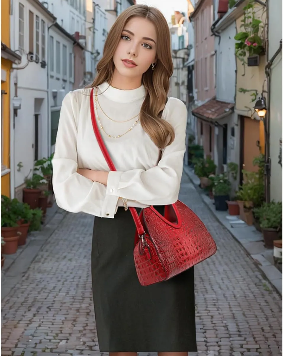 Top-handle Purse for Women Crocodile Print PU Leather Shoulder Handbag Waterproof Crossbody Bag