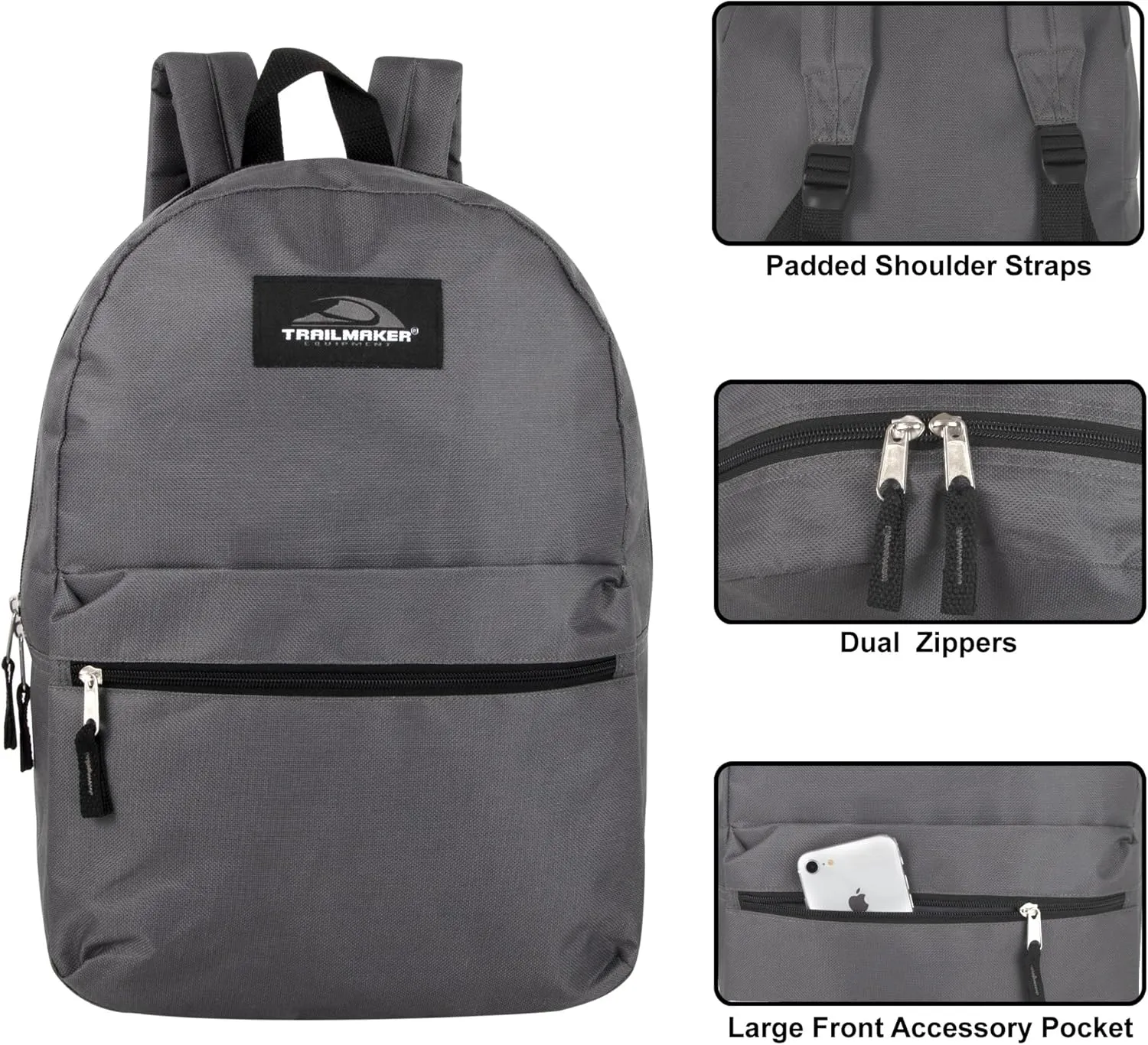 Trail maker 24 Pack- Classic 17 Inch Backpacks in Bulk Wholesale Back Packs for Boys and Girls (Gray)