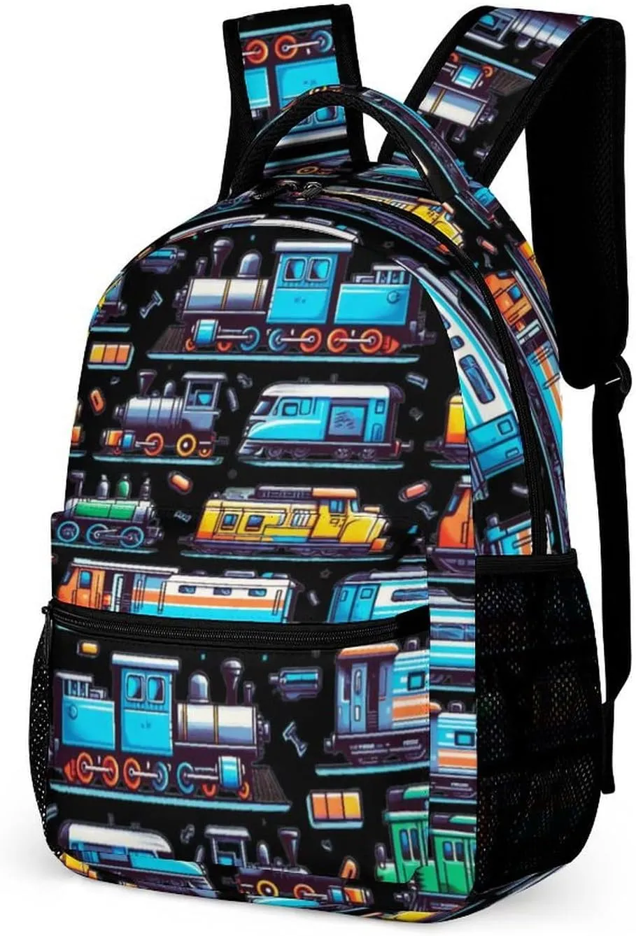 Train School Backpack for Kids Girls Boys, 16 Inch Cute Trains Themed Bookbag, Personalized Railway School Backpacks for Students Children, Lightweight, Large Capacity