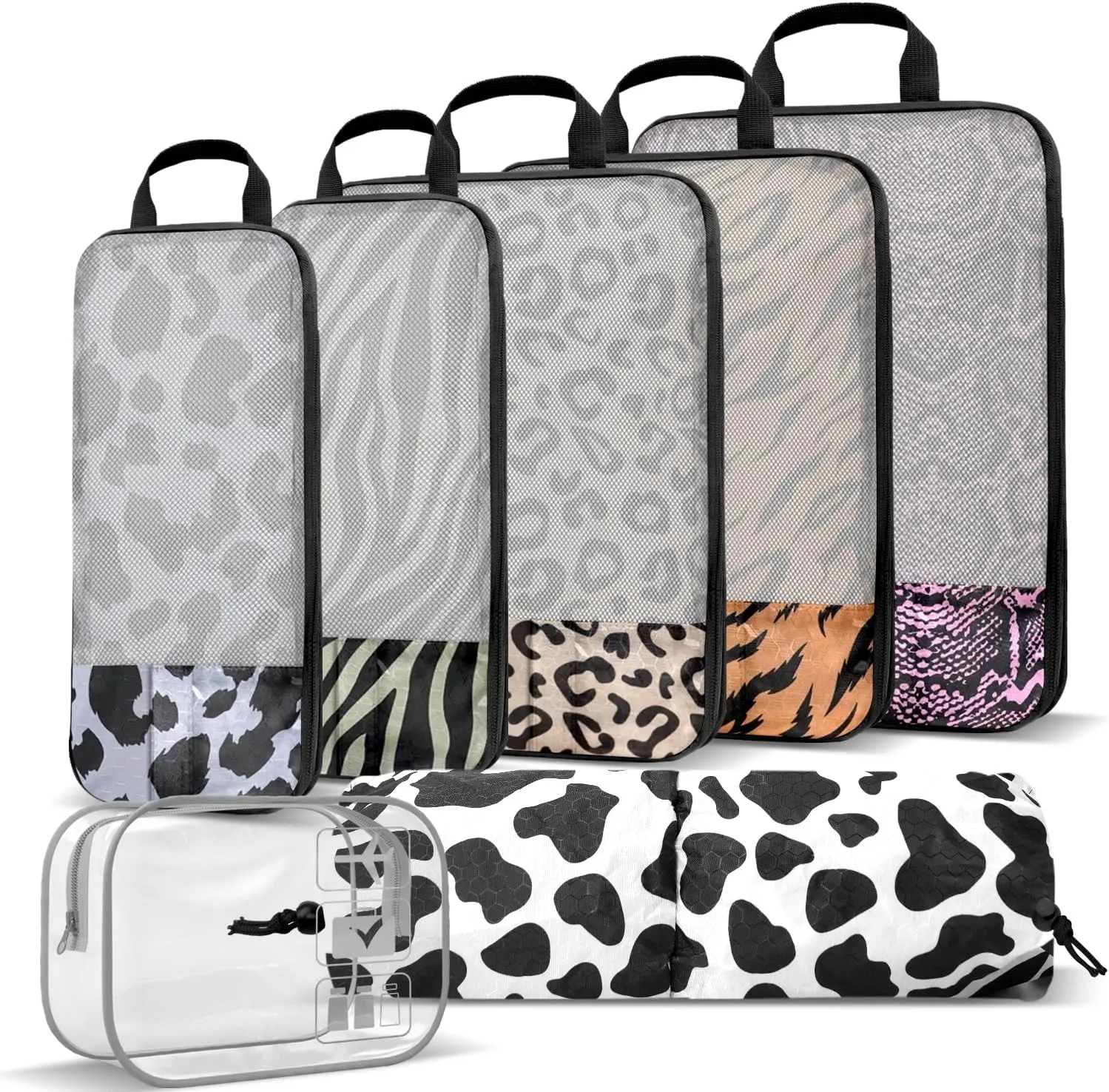 Travel Animal Skin Print Compression Packing Cubes Set - Slim-Fold Packing Organizers -Travel Essential Bag for Clothes Shoes Cosmetics Toiletry 7 Piece