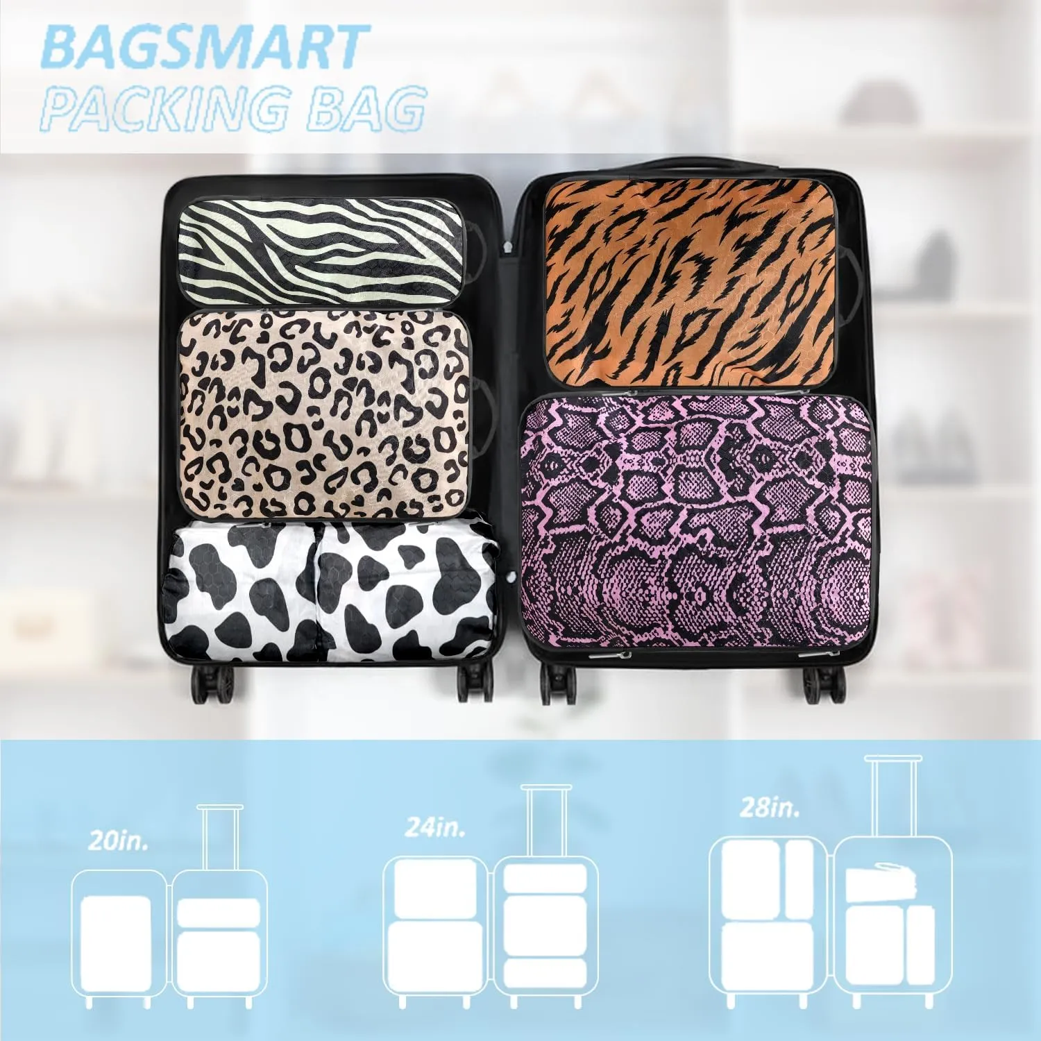Travel Animal Skin Print Compression Packing Cubes Set - Slim-Fold Packing Organizers -Travel Essential Bag for Clothes Shoes Cosmetics Toiletry 7 Piece