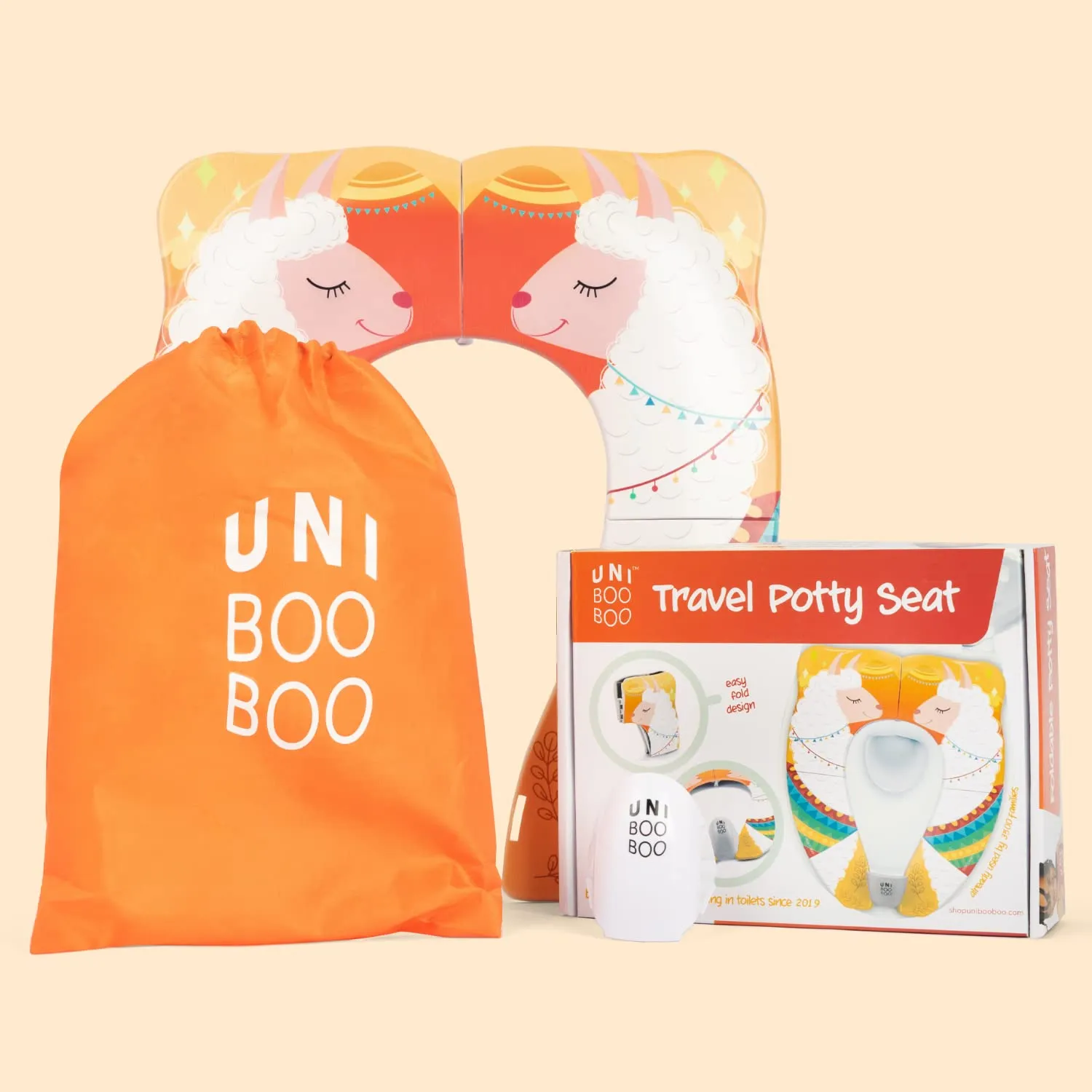 Travel Potty Seat - Portable and Foldable Toddler Kids Toilet Training Seat for All Toilets - with Splash Guard and Rubber Pads - Free Kids Travel Bag for Boys and Girls (Llama)