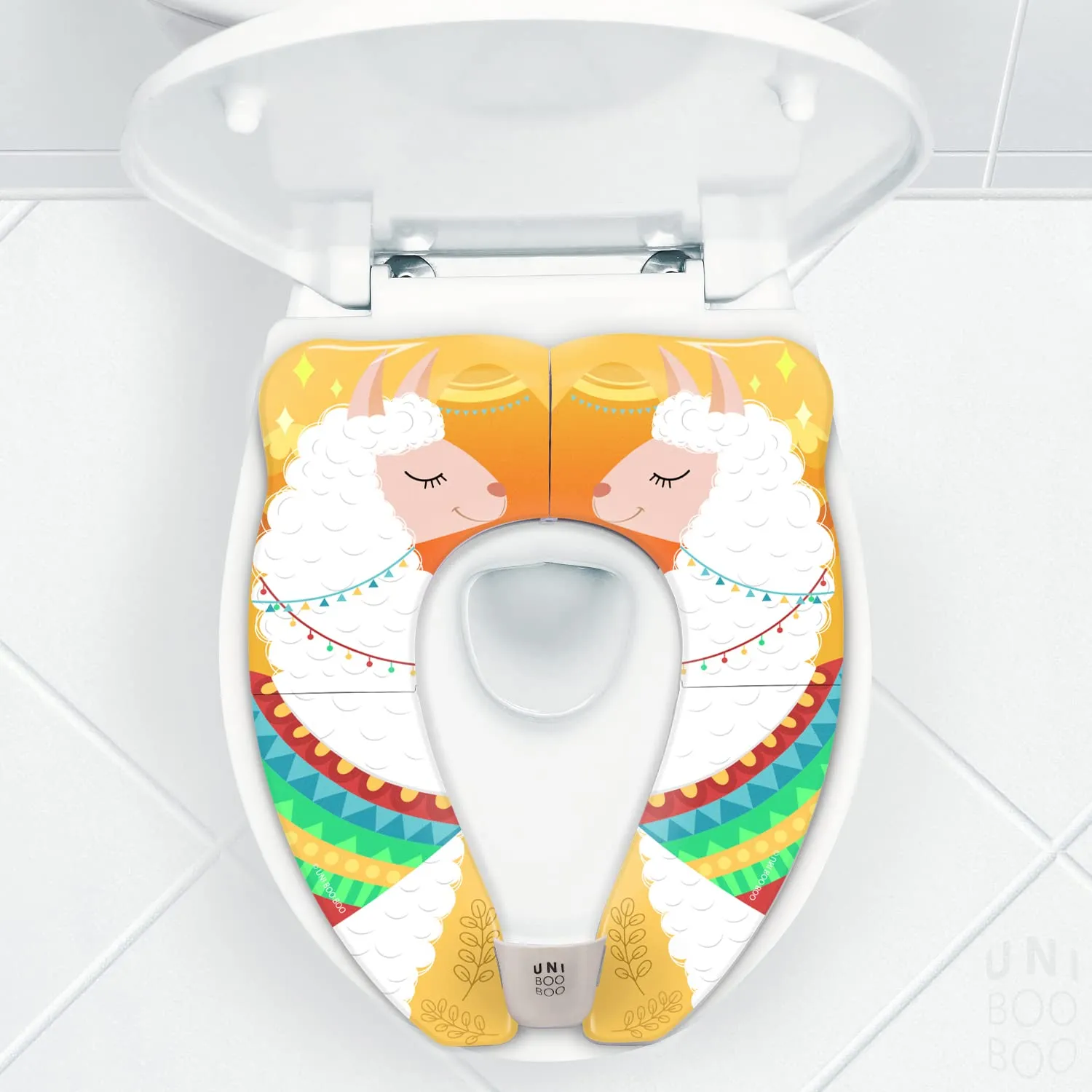 Travel Potty Seat - Portable and Foldable Toddler Kids Toilet Training Seat for All Toilets - with Splash Guard and Rubber Pads - Free Kids Travel Bag for Boys and Girls (Llama)