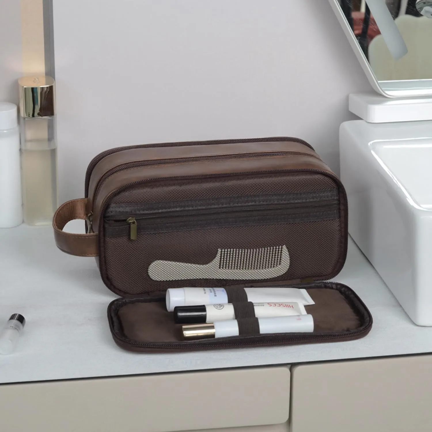 Travel Toiletry Bag for Men Personalized Leather Dopp Kit Bathroom Toiletries Organizer Cosmetic Bags with Side Handle