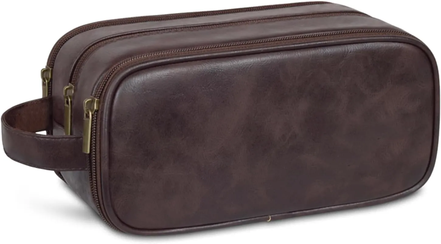 Travel Toiletry Bag for Men Personalized Leather Dopp Kit Bathroom Toiletries Organizer Cosmetic Bags with Side Handle