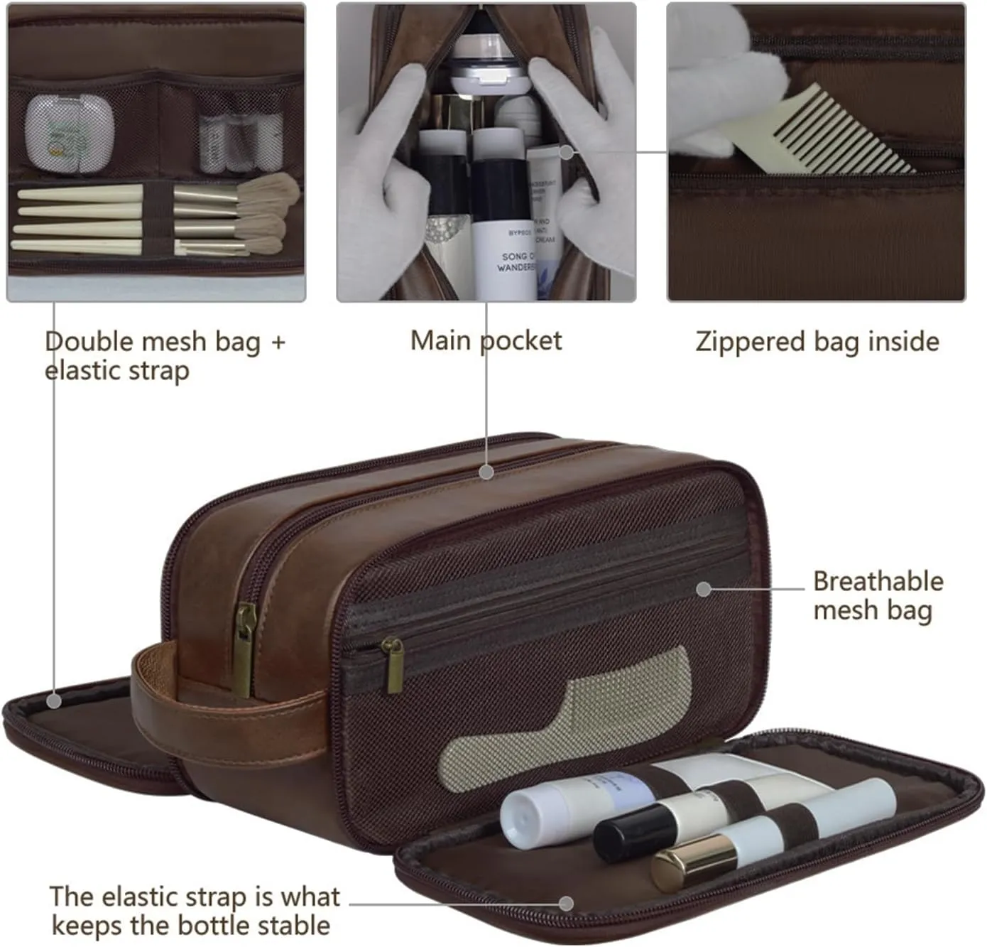 Travel Toiletry Bag for Men Personalized Leather Dopp Kit Bathroom Toiletries Organizer Cosmetic Bags with Side Handle