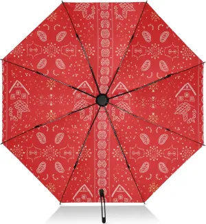 Travel Umbrella Windproof Collapsible Umbrella Compact Travel, Umbrellas for Backpacks/Handbags, Rain, Wind and Sun, Christmas Gingerbread Houses Red