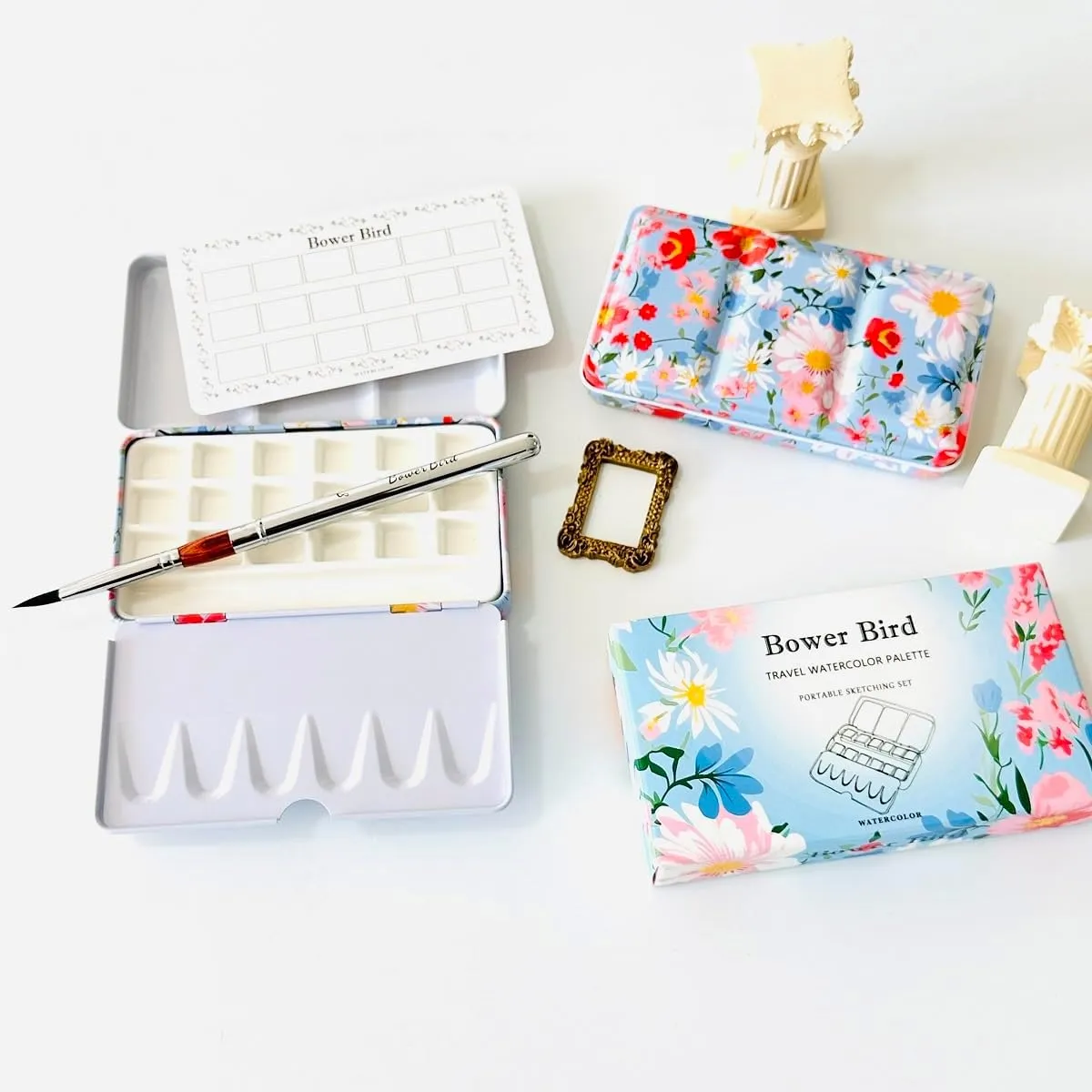 Travel Watercolor Palette,Portable Ceramic Palette 16 Well,Empty Paint Palette,Small Travel Metal Paint Boxwith Porcelain Palette (18Well Set)