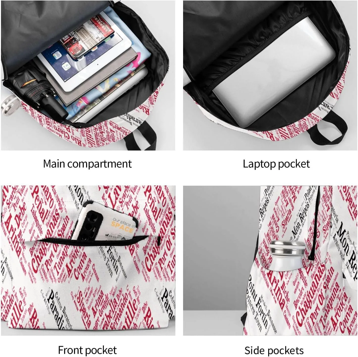 Trinidad Tobago Flag Cities Word Casual Backpack Large Capacity Travel Backpacks Laptop Daypack Commuter Rucksack Adjustable Strap Sports Bags for Hiking Biking