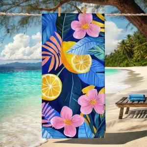 Tropical Lemon Floral Microfiber Beach Towel Vibrant Blue Blossoms Quick Dry Absorbent Soft Sand Free Oversized Lightweight Pool Picnic Essentials 62x31 Inch