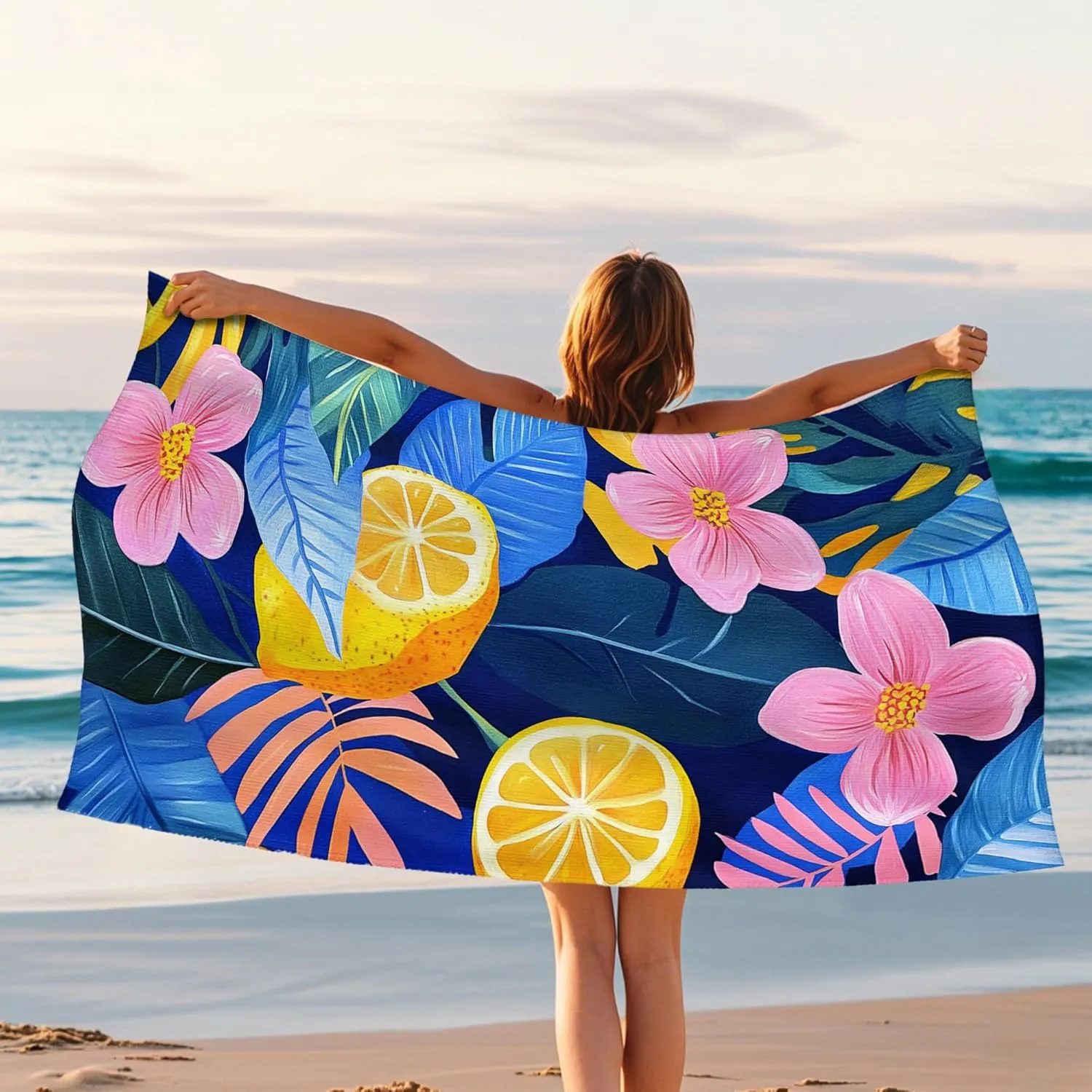 Tropical Lemon Floral Microfiber Beach Towel Vibrant Blue Blossoms Quick Dry Absorbent Soft Sand Free Oversized Lightweight Pool Picnic Essentials 62x31 Inch