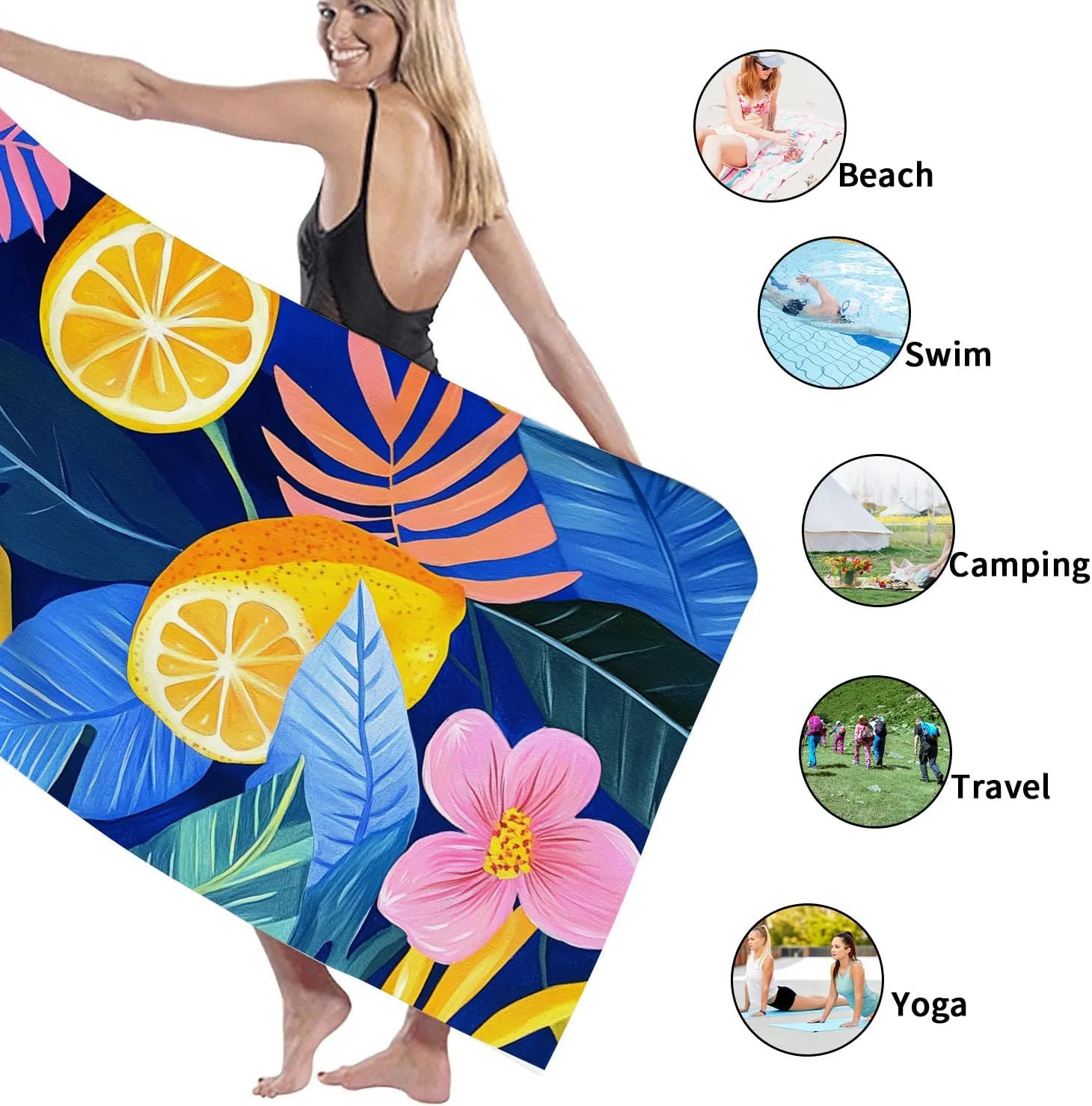 Tropical Lemon Floral Microfiber Beach Towel Vibrant Blue Blossoms Quick Dry Absorbent Soft Sand Free Oversized Lightweight Pool Picnic Essentials 62x31 Inch