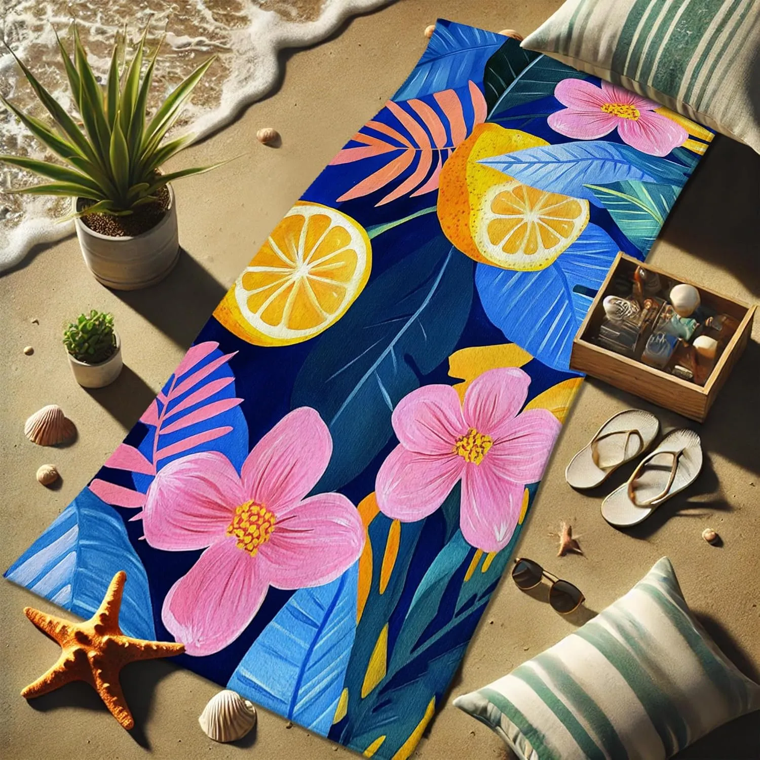 Tropical Lemon Floral Microfiber Beach Towel Vibrant Blue Blossoms Quick Dry Absorbent Soft Sand Free Oversized Lightweight Pool Picnic Essentials 62x31 Inch