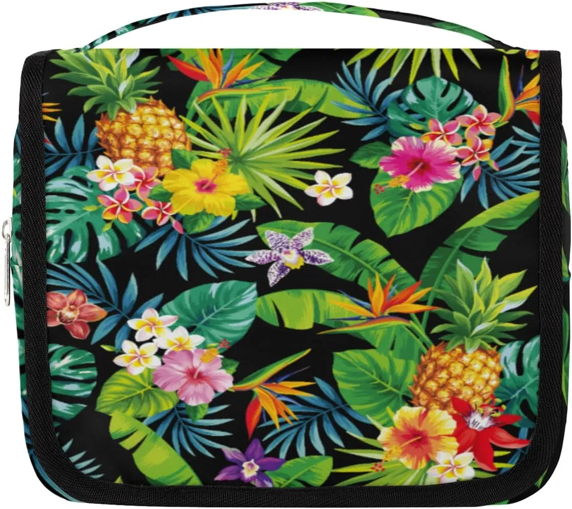 Tropical Pineapple Leaves Travel Toiletry Bag Cosmetic Makeup Bag for Women Men Hanging Hook Wash Toiletries Portable Toiletry Bags Organizer