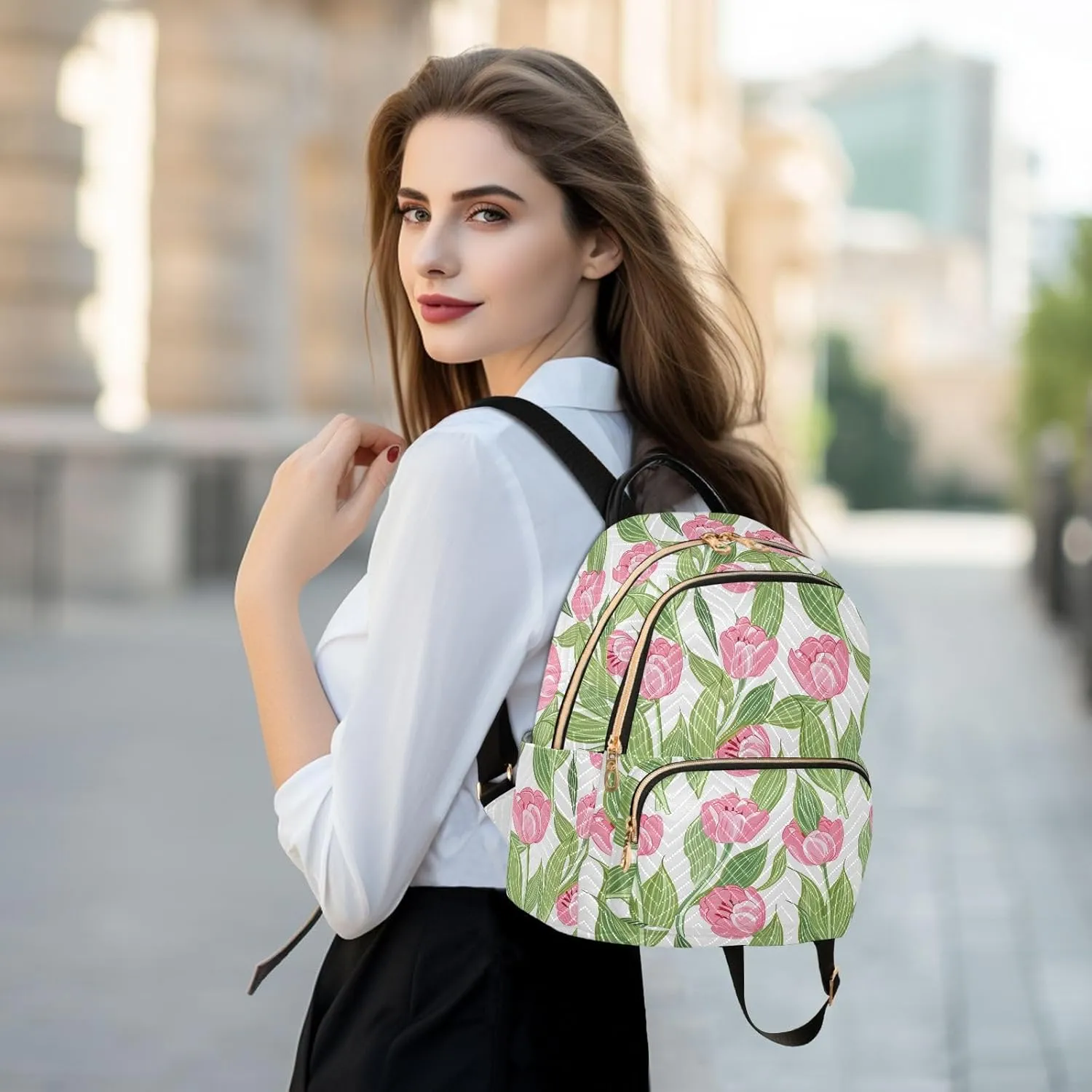 Tulips Leaves Floral Green Backpack Purse for Women Shoulder Bag with Anti-theft Back for Trips M